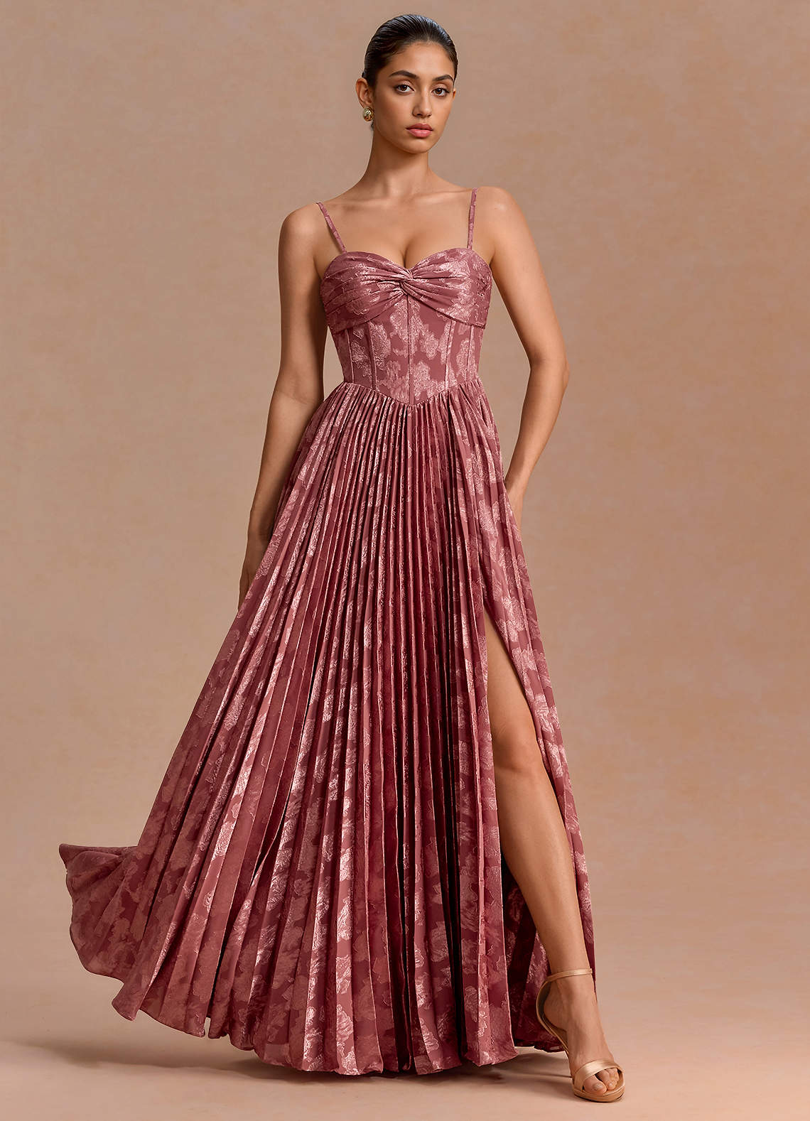 Delfina A-Line Twisted-Bust Fil Coupé Evening Dress in Lilac