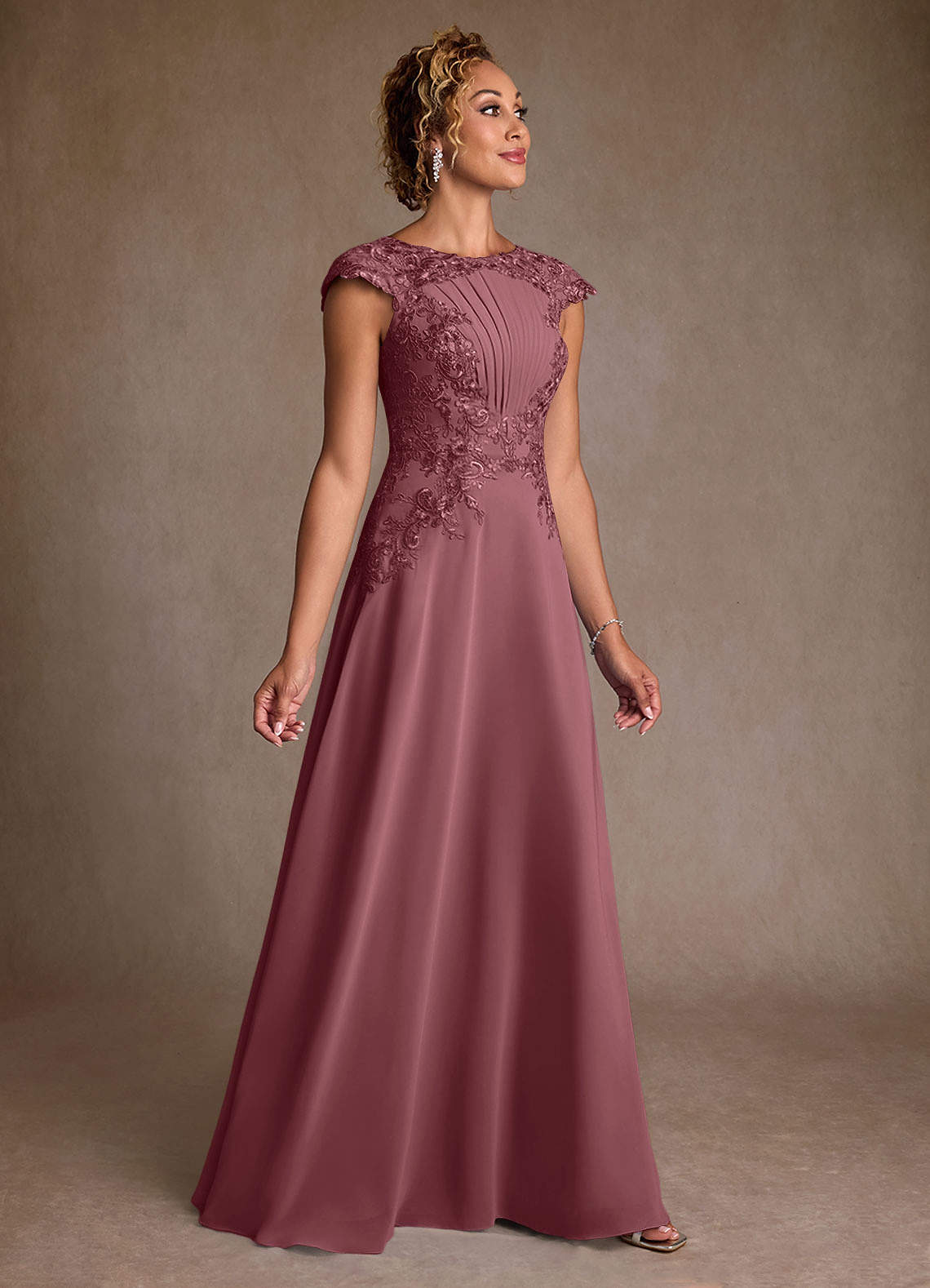 Christi A-Line Scoop-Neck Chiffon and Lace Mother of the Bride Dress in Desert Rose