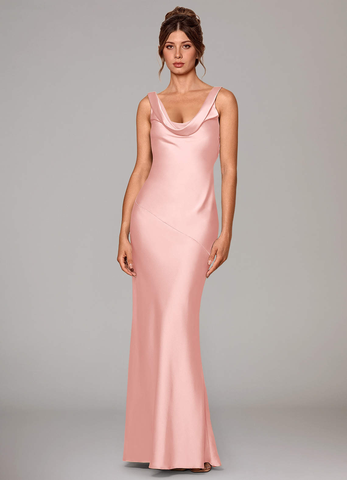 Rylina Mermaid Cowl-Neck Stretch Satin Bridesmaid Dress in Powder Pink
