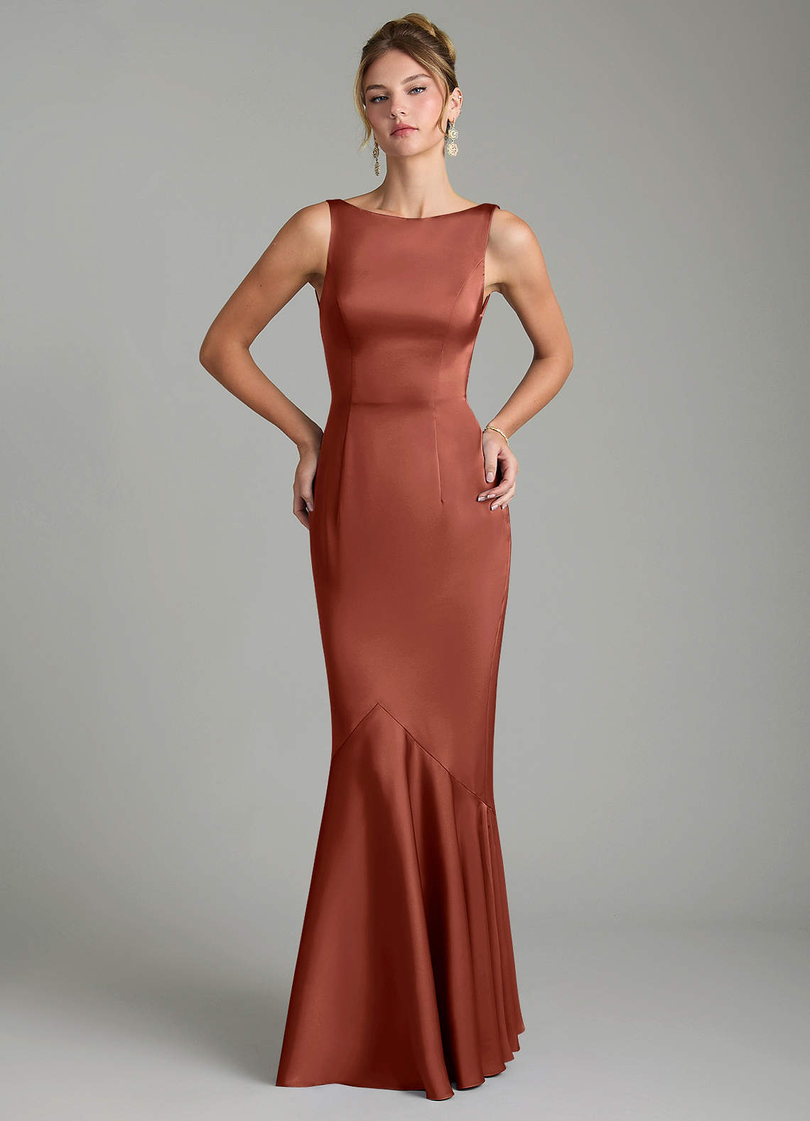 Tamera Mermaid Boat-Neck Stretch Satin and Chiffon Bridesmaid Dress in Auburn