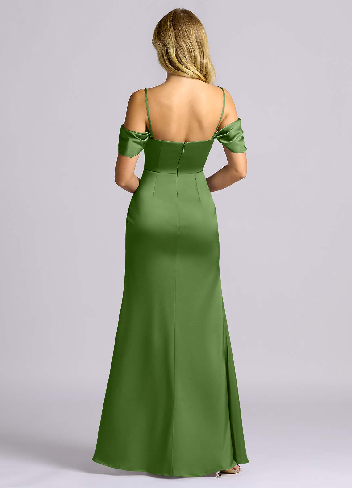 Auden Sheath Off-the-Shoulder Stretch Satin Bridesmaid Dress in Basil
