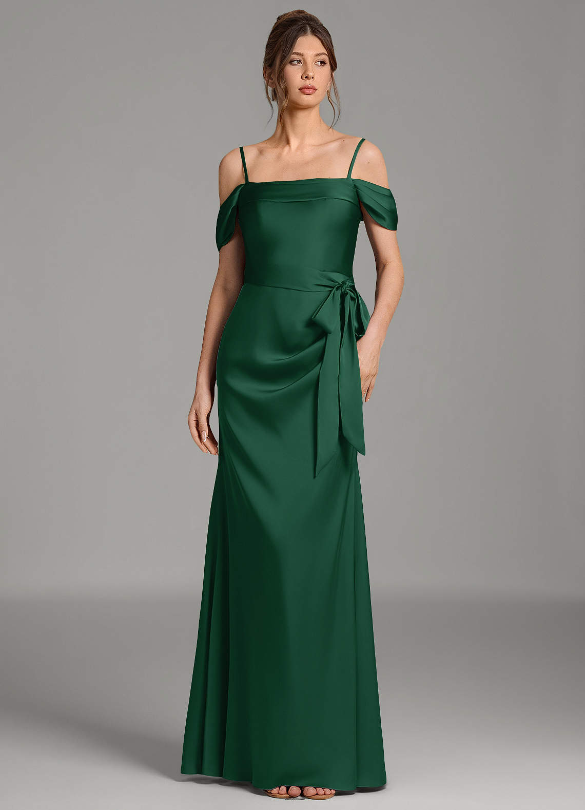 Wyatt Mermaid Off-the-Shoulder Stretch Satin Bridesmaid Dress in Dark Green