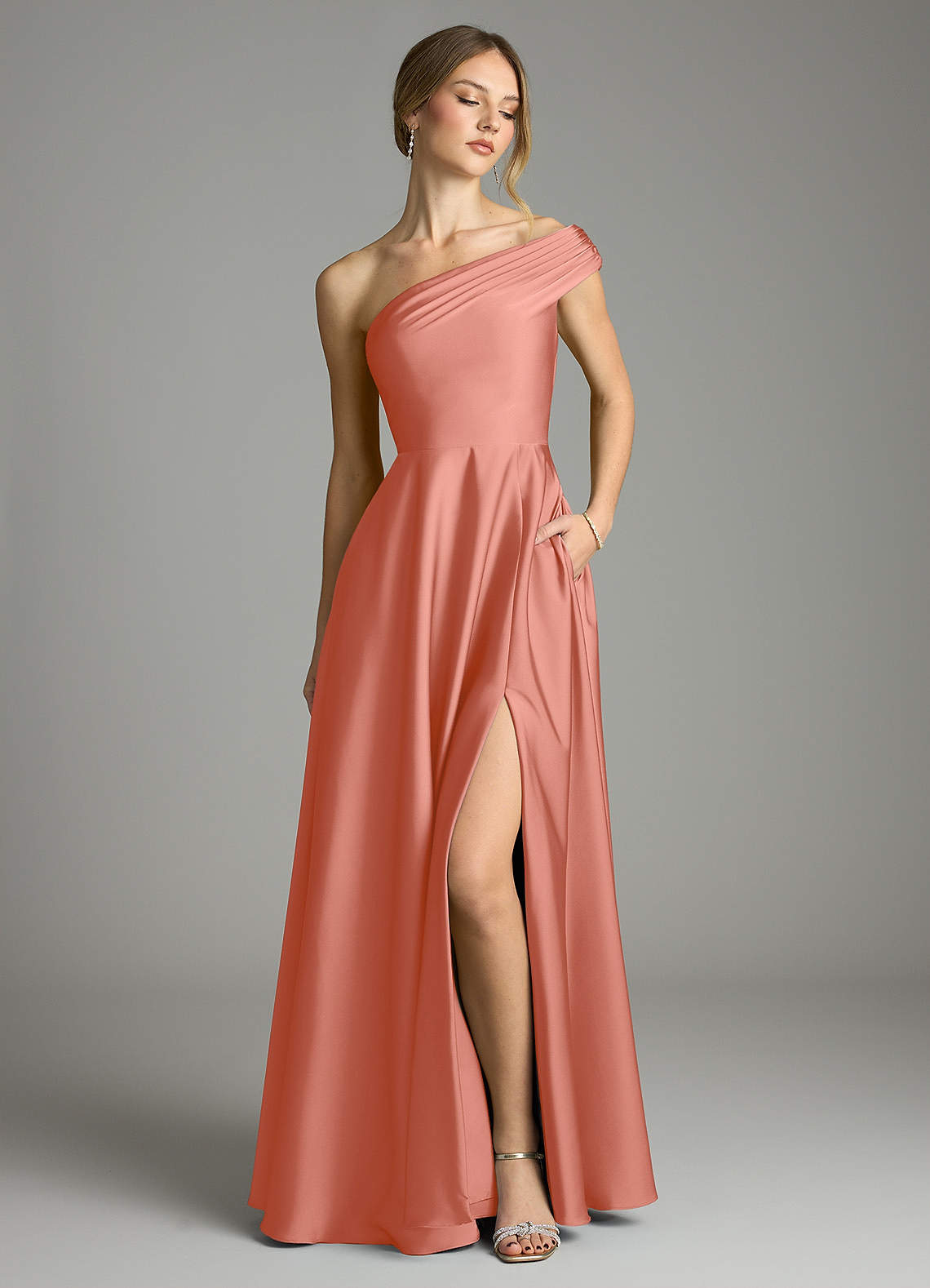 Melanie A-Line One-Shoulder Stretch Satin Bridesmaid Dress in Salmon Pink
