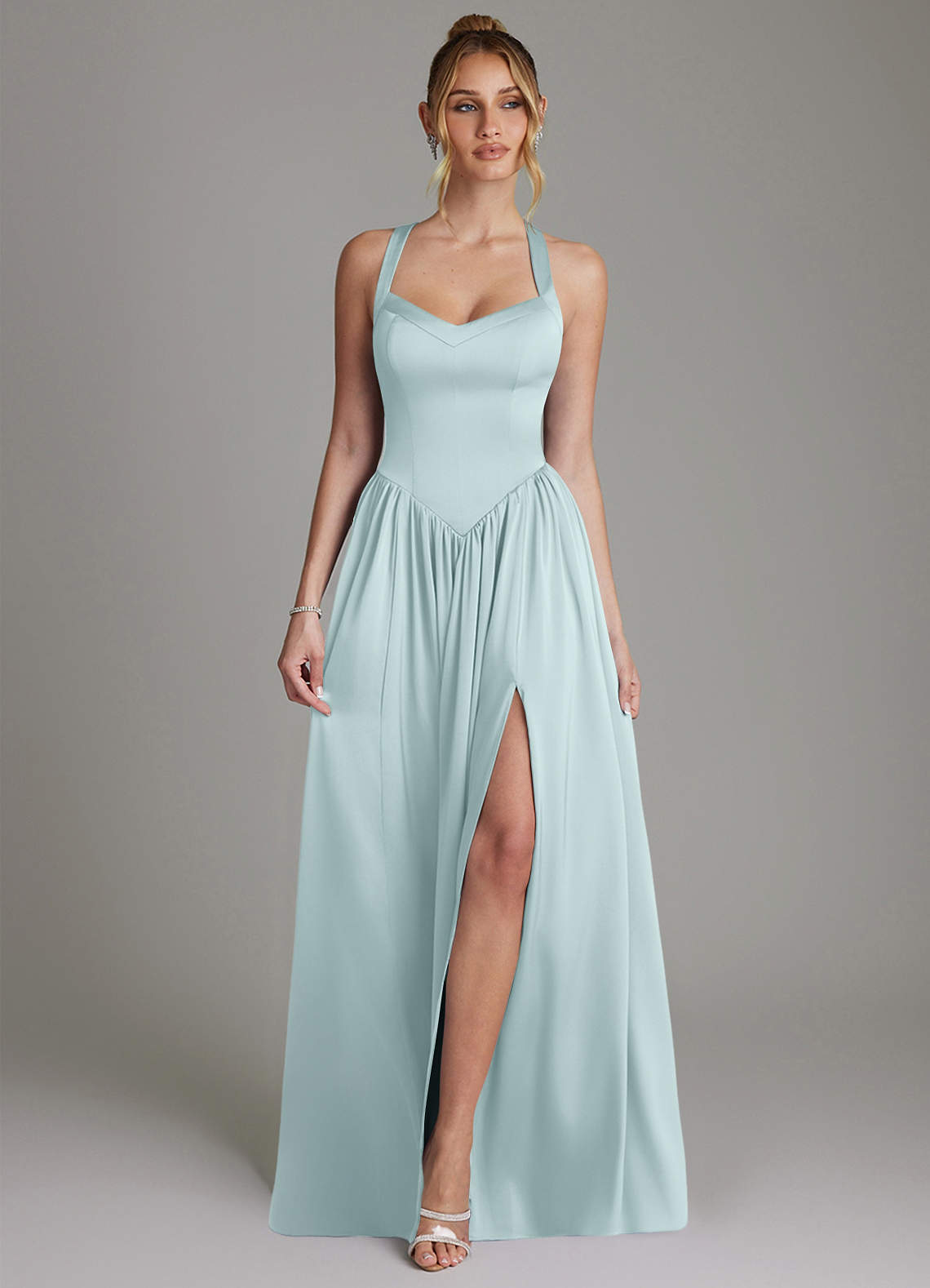 Francis A-Line V-Neck Stretch Satin Bridesmaid Dress in Mist