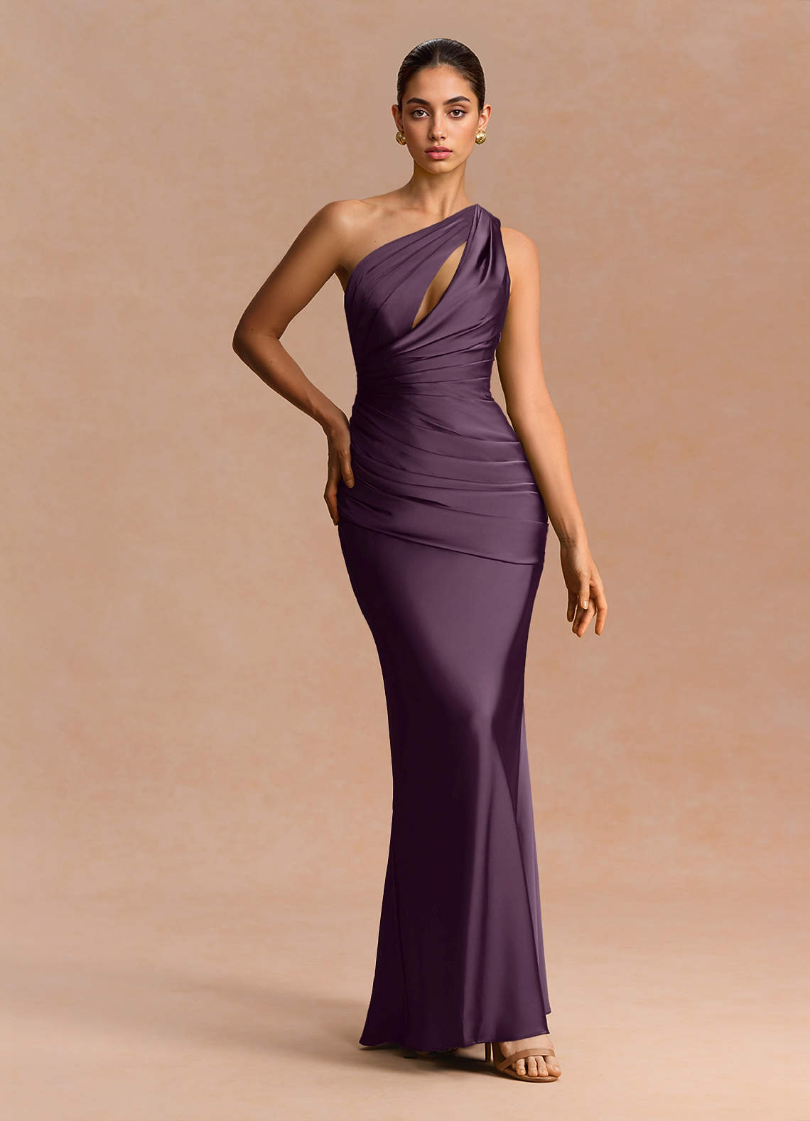 Guinevere One-Shoulder Cutout Stretch Satin Evening Dress in Dark Purple
