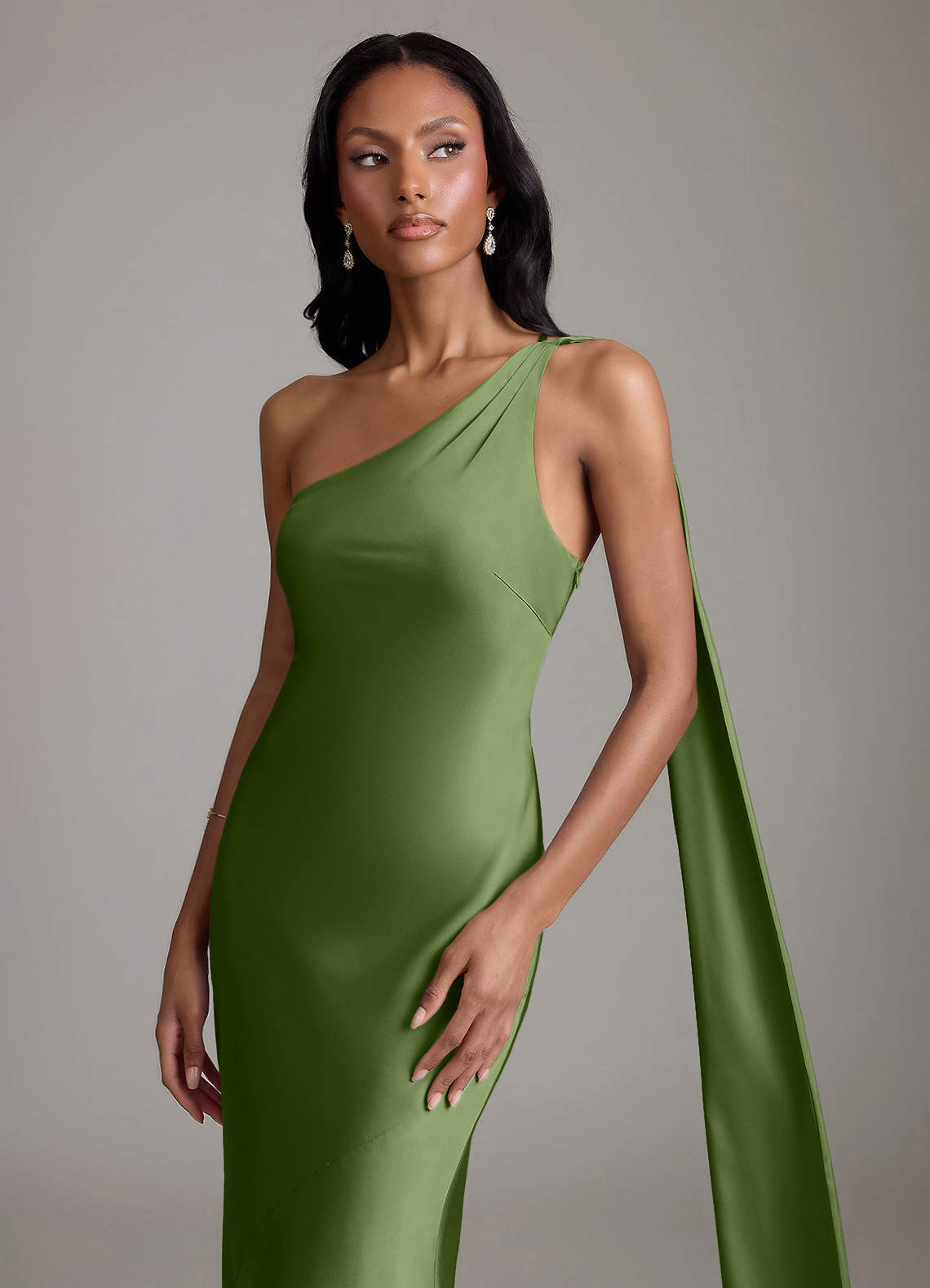 Juniper Mermaid One-Shoulder Stretch Satin Bridesmaid Dress in Juniper