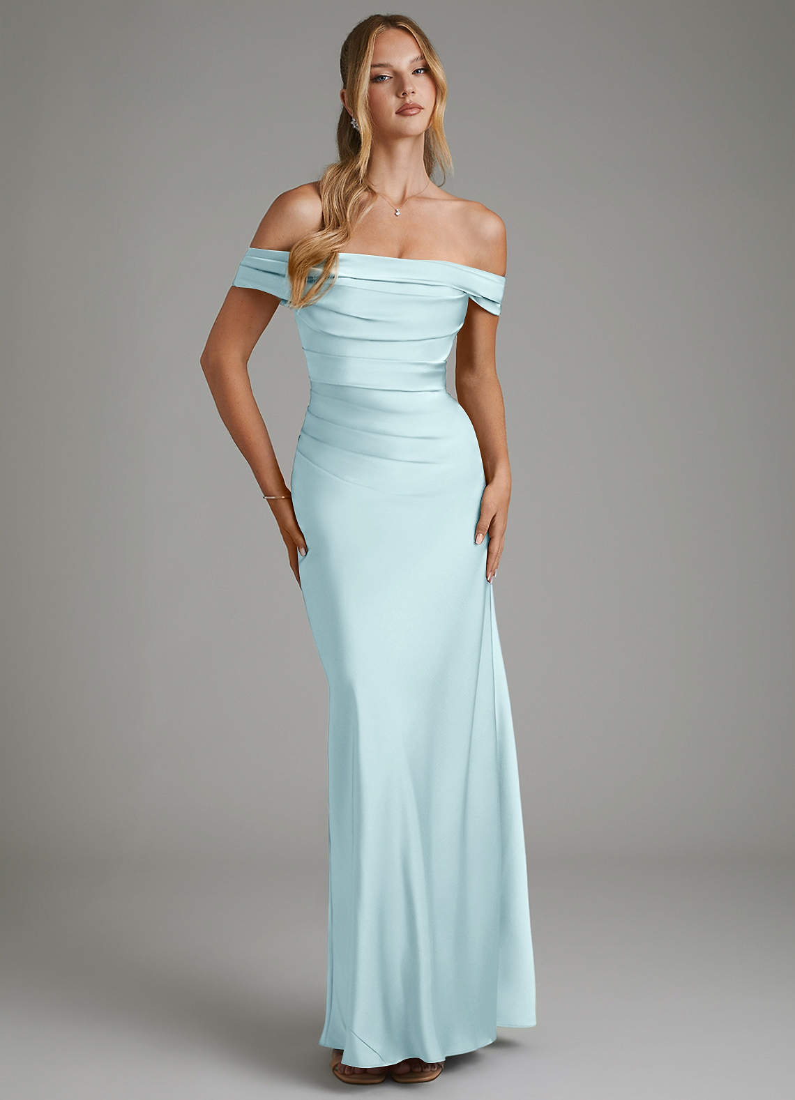 Hayden Mermaid Off-the-Shoulder Stretch Satin Bridesmaid Dress in Cloud Blue