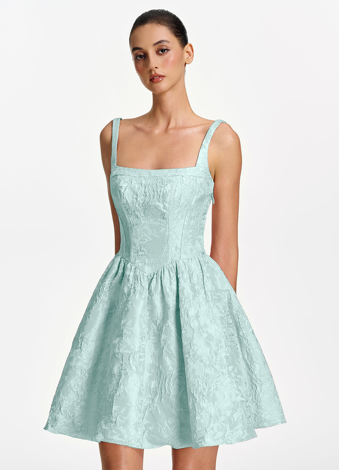 Lionelle Skater Mini Square-Neck Jacquard Prom Dress in Mint Green