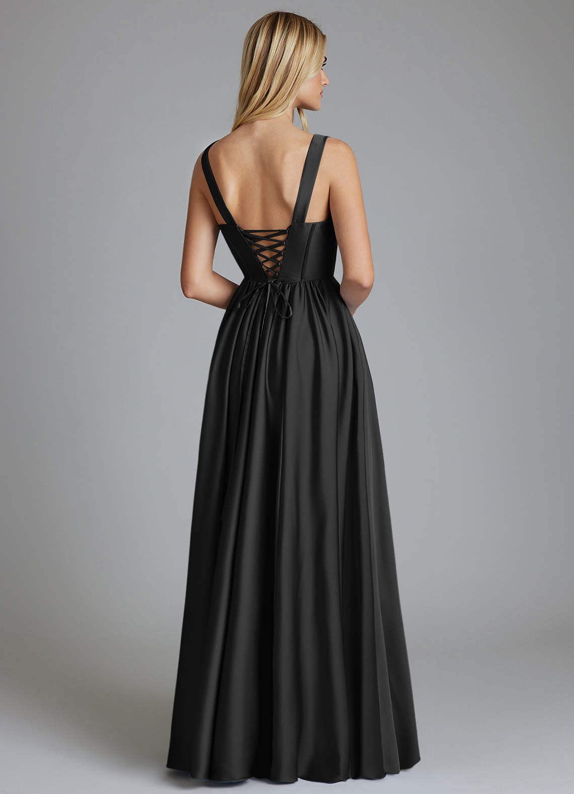 Delmie A-Line V-Neck Stretch Satin Bridesmaid Dress in black