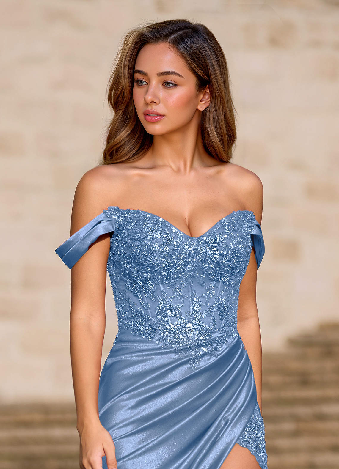 Opulence Mermaid Off-the-Shoulder Satin Evening Dress in Light Blue
