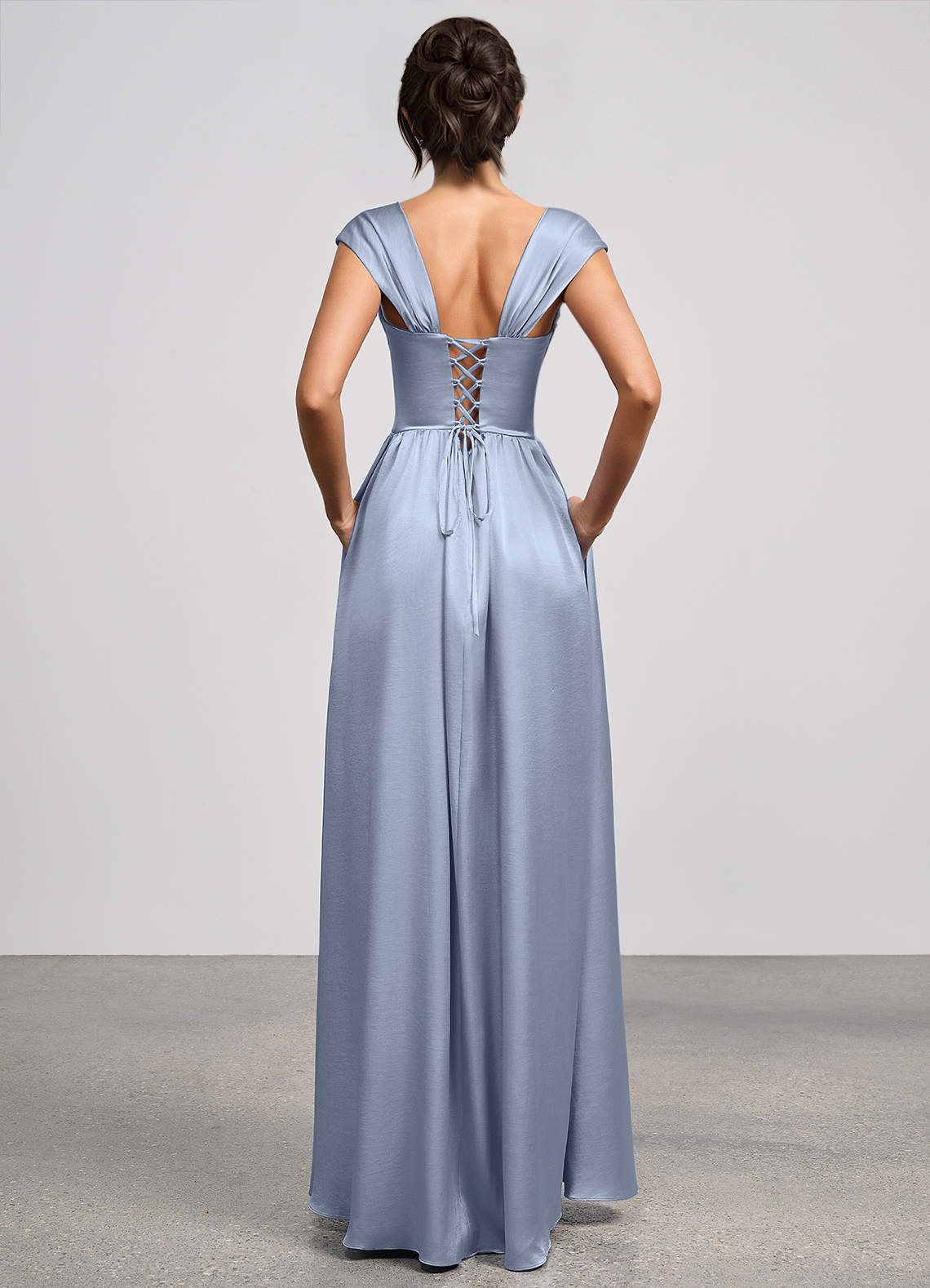 Odette A-Line Corset Luminous Satin Evening Dress in dusty blue