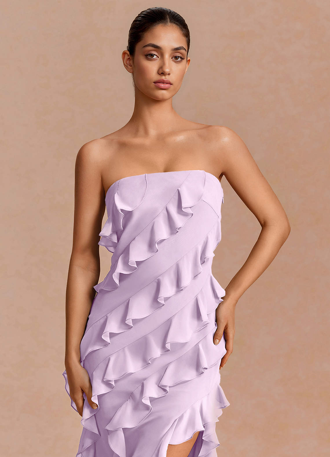 Eira A-Line Ruffle Chiffon Evening Dress in Frosted Lilac
