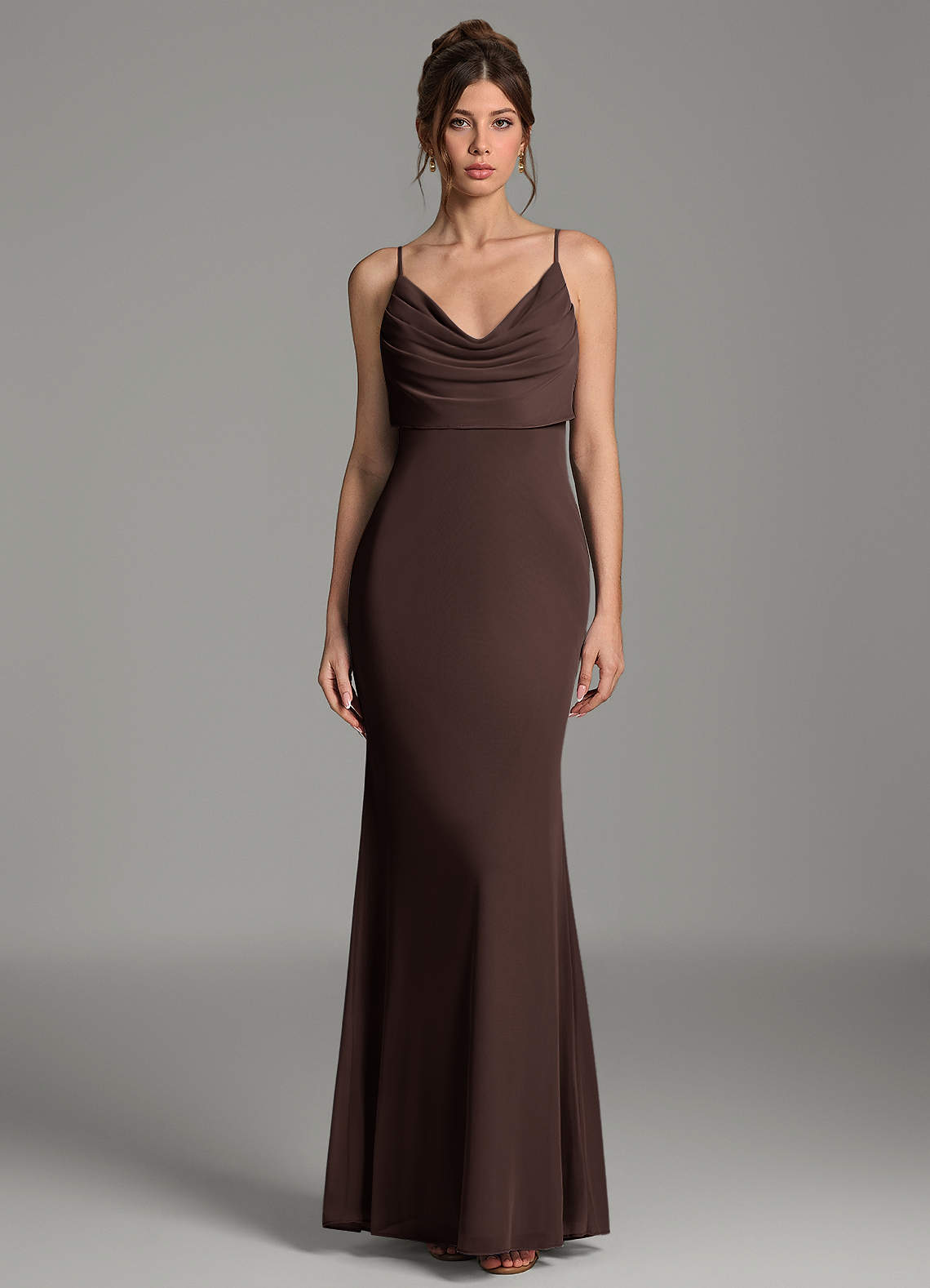 Zari Mermaid Cowl-Neck Mesh Bridesmaid Dress in Ganache