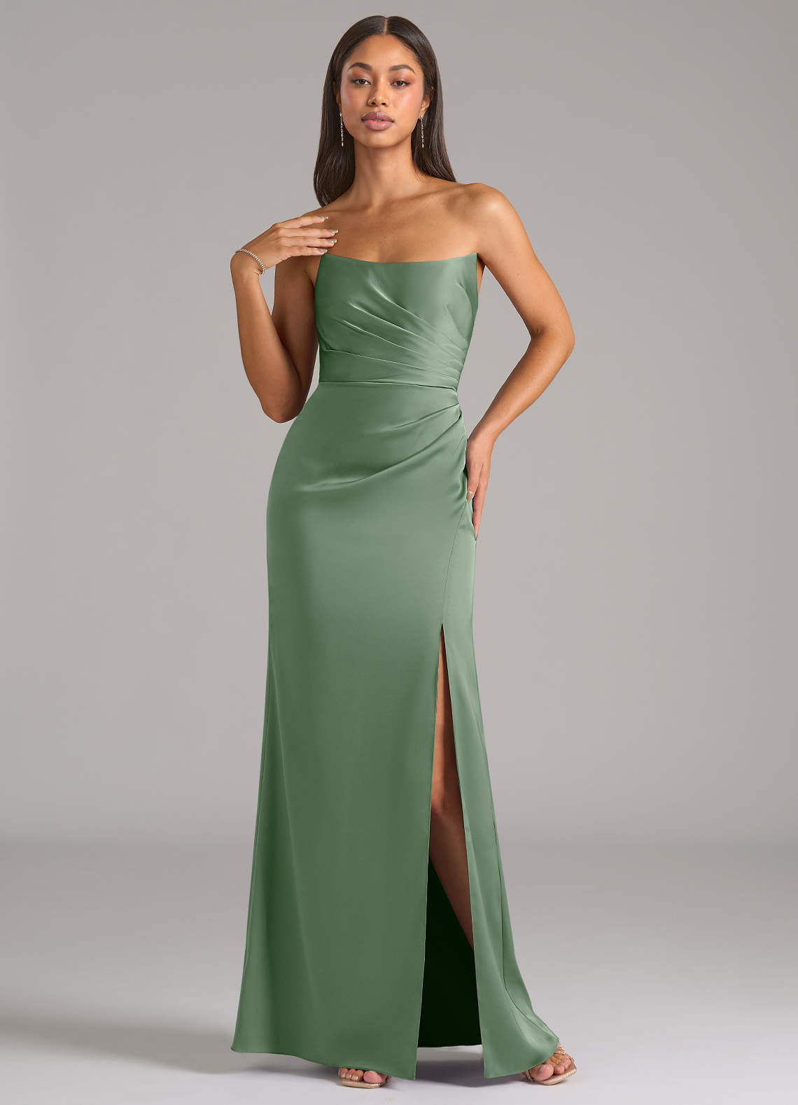 Marla Sheath Strapless Stretch Satin Bridesmaid Dress in Matcha