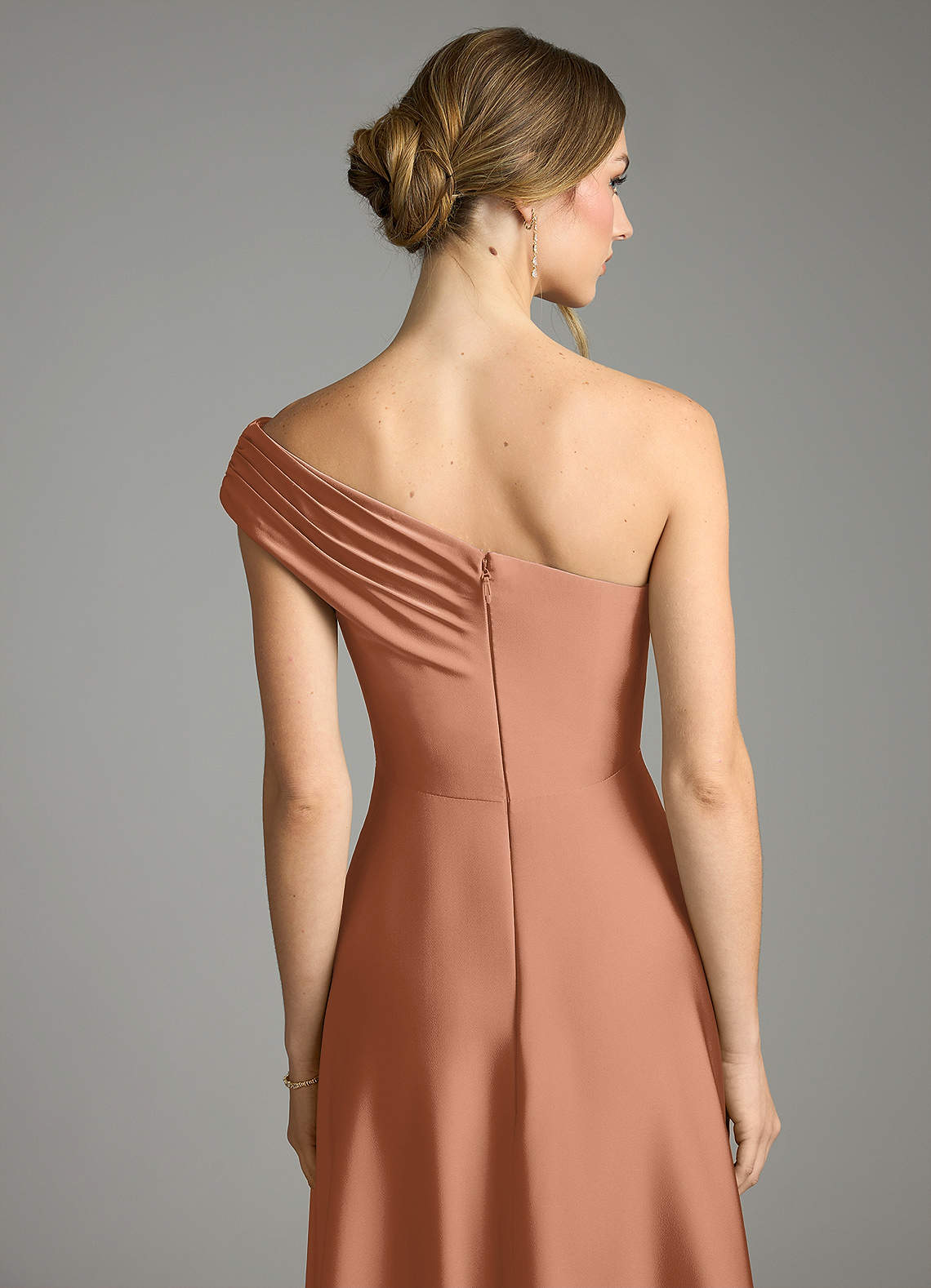 Melanie A-Line One-Shoulder Stretch Satin Bridesmaid Dress in Bronzer