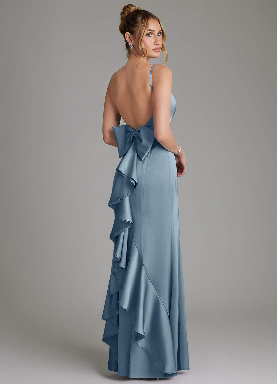 Zherra Mermaid Scoop-Neck Stretch Satin Bridesmaid Dress in dusty blue