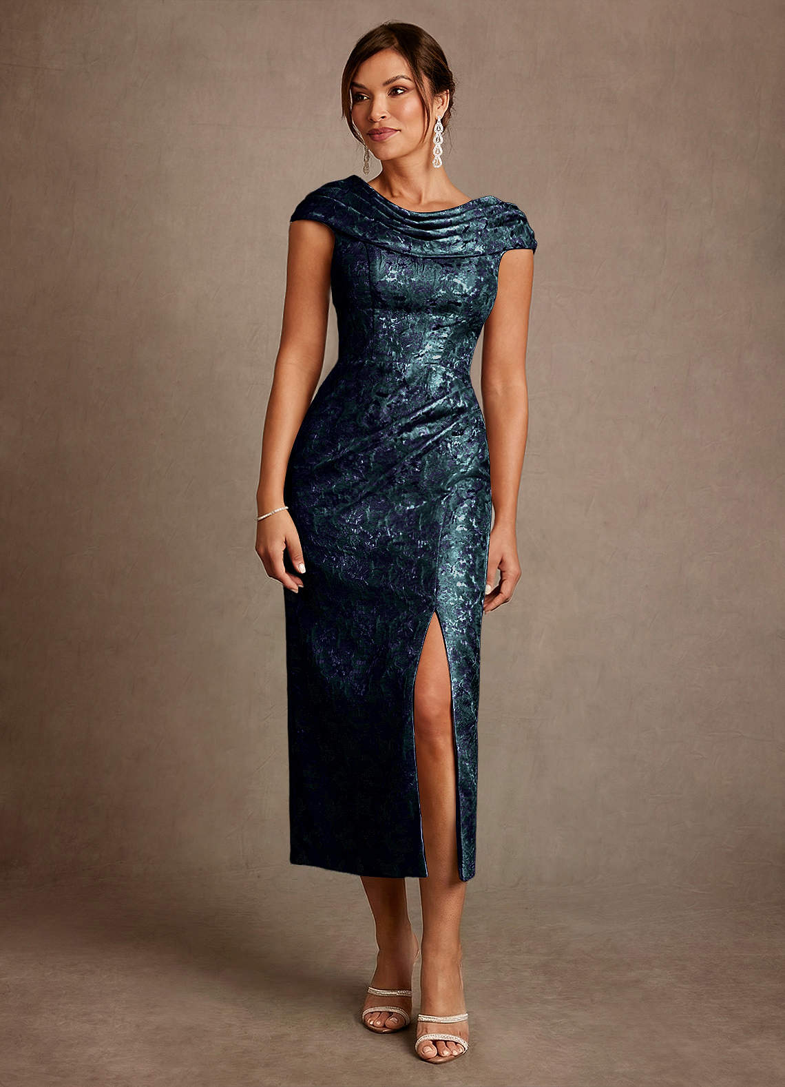 Alpine A-Line Scoop-Neck Jacquard Mother of the Bride Dress in Dark Navy
