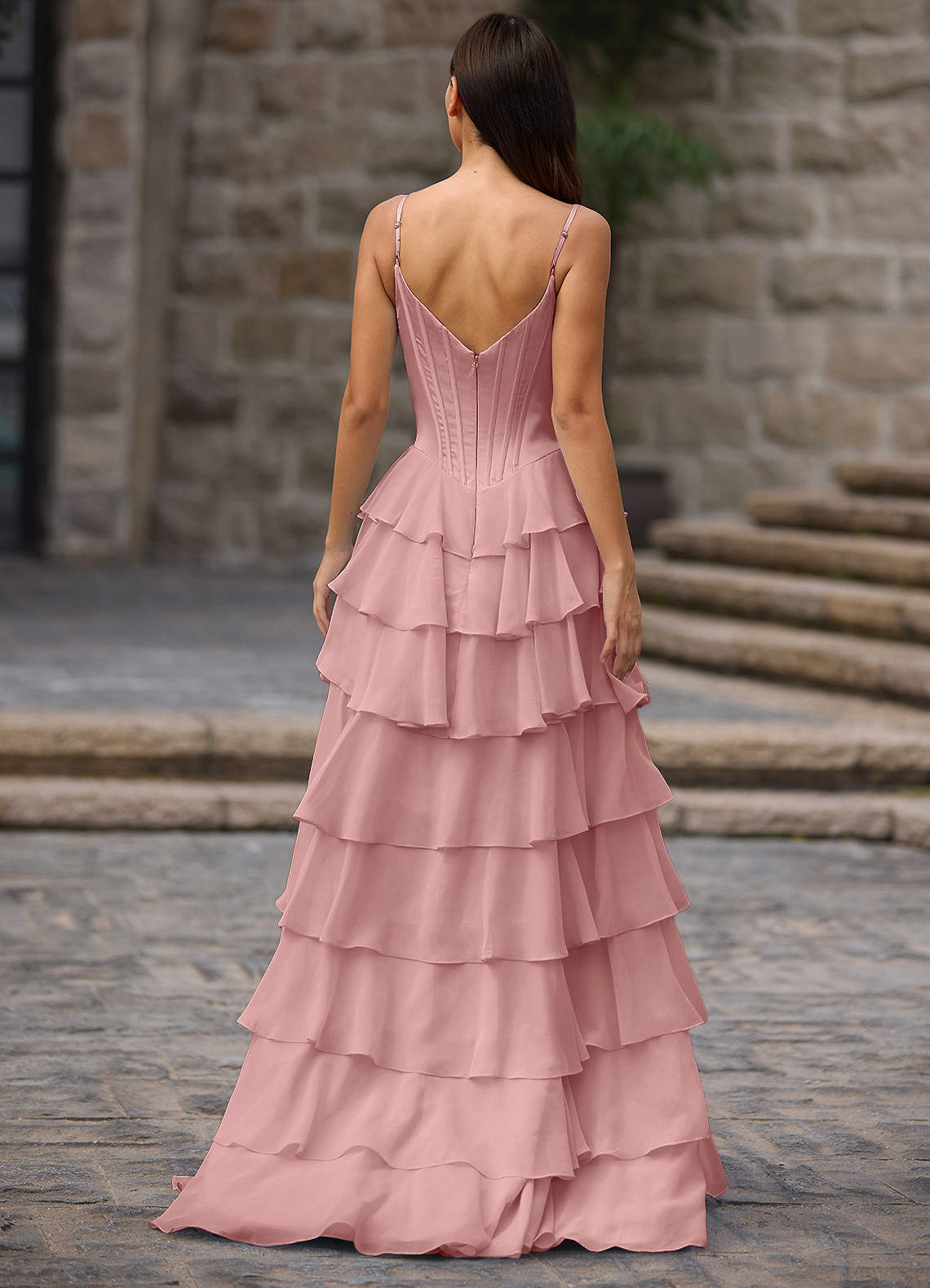Floralace A-Line Ruffle Chiffon Evening Dress in Light Pink