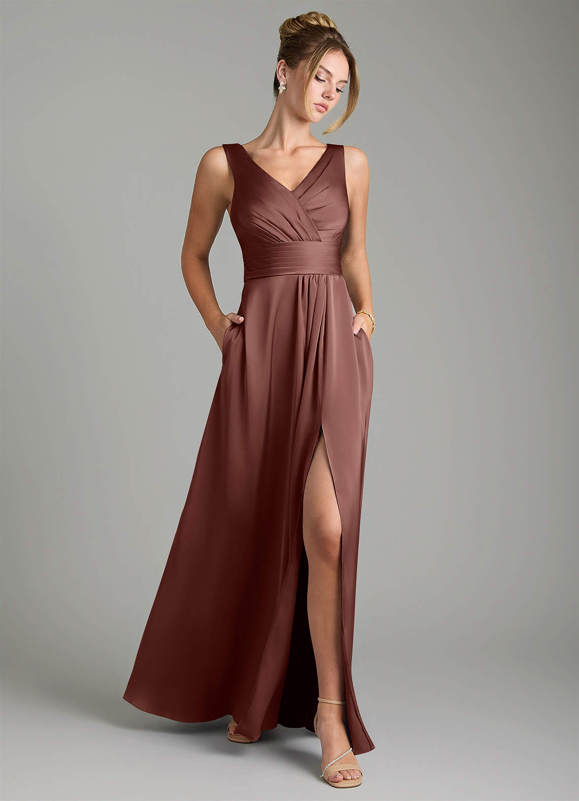 Karina A-Line V-Neck Stretch Satin Bridesmaid Dress in Espresso
