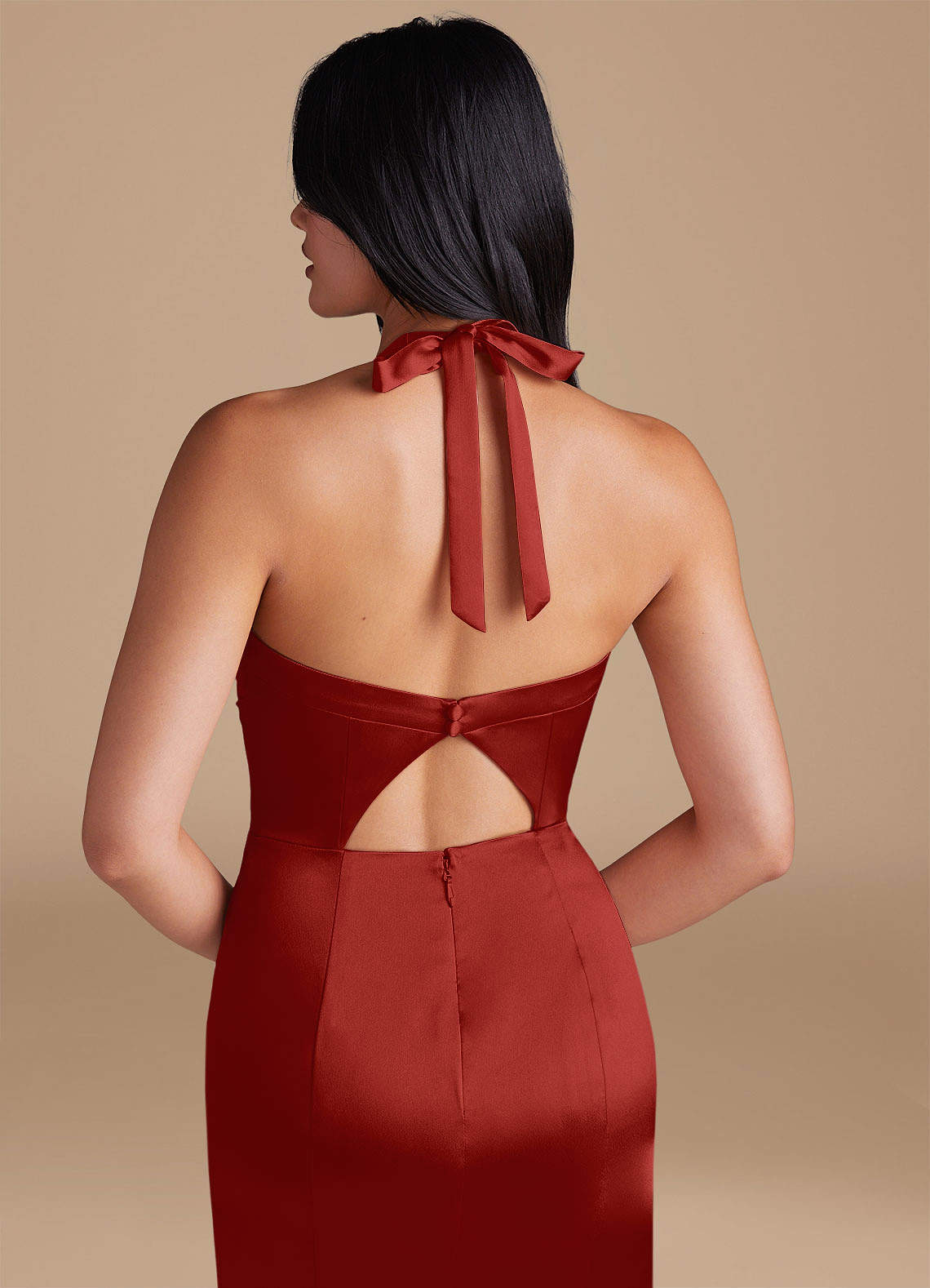 Emeria Sheath Halter Metallic Satin Bridesmaid Dress in Rust