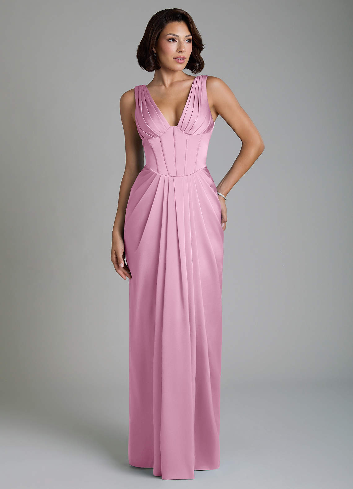 Vanya Sheath V-Neck Stretch Satin Bridesmaid Dress in candy pink