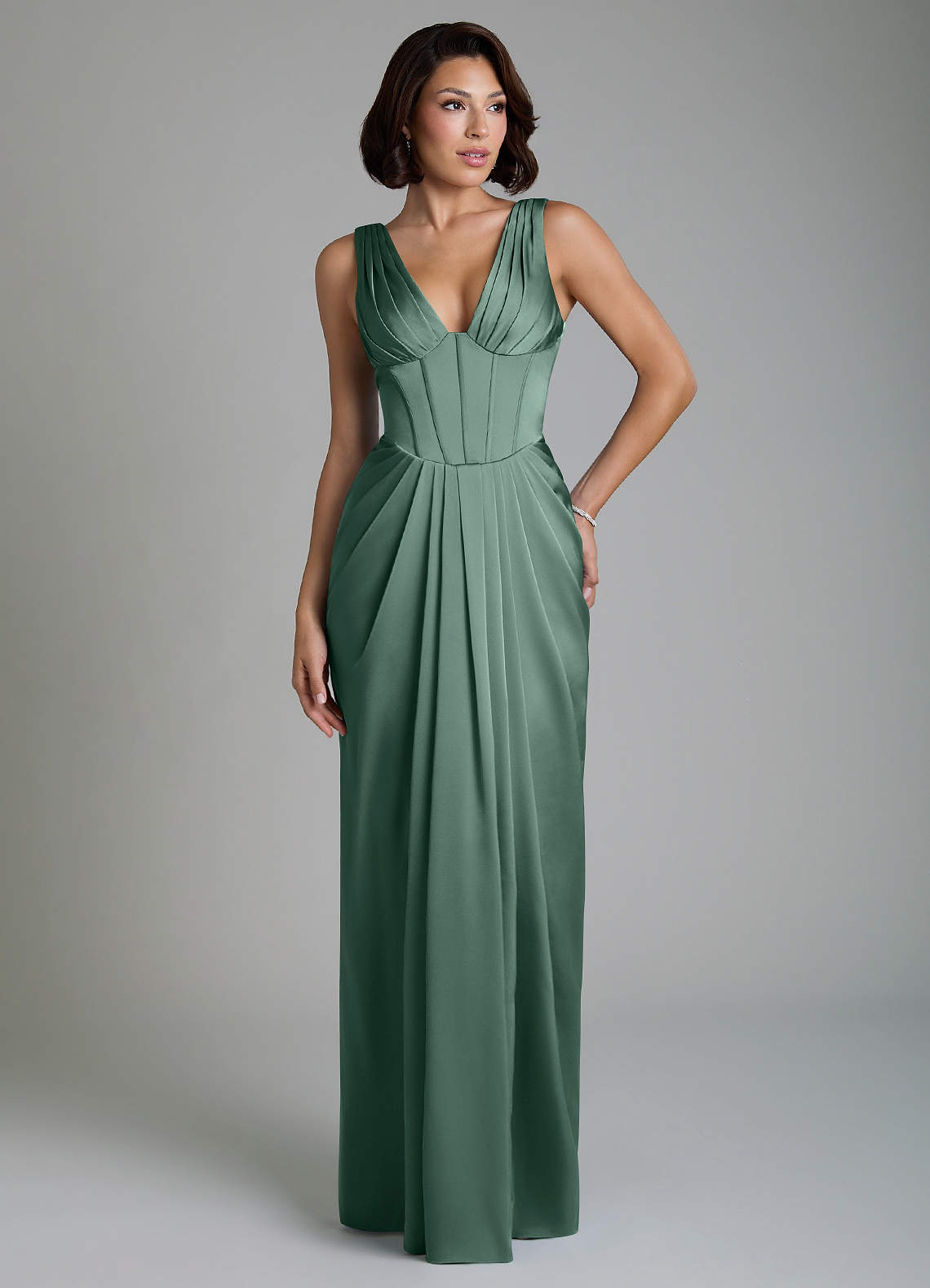 Vanya Sheath V-Neck Stretch Satin Bridesmaid Dress in Eucalyptus
