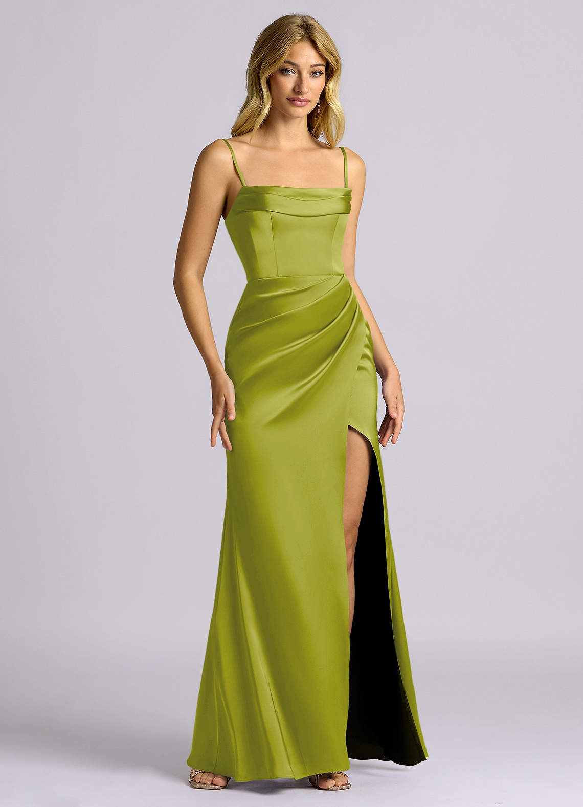Auden Sheath Off-the-Shoulder Stretch Satin Bridesmaid Dress in Lemongrass
