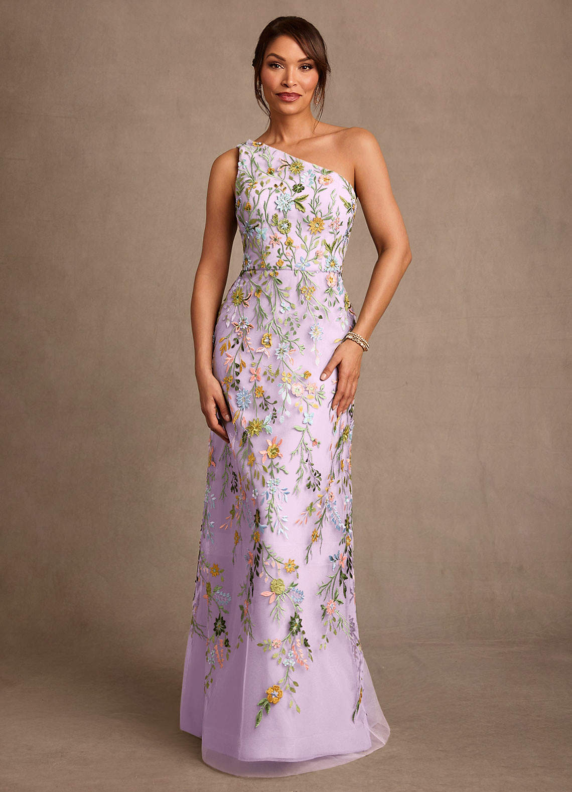 Bertie A-Line One-Shoulder Lace Mother of the Bride Dress in Frosted Lilac
