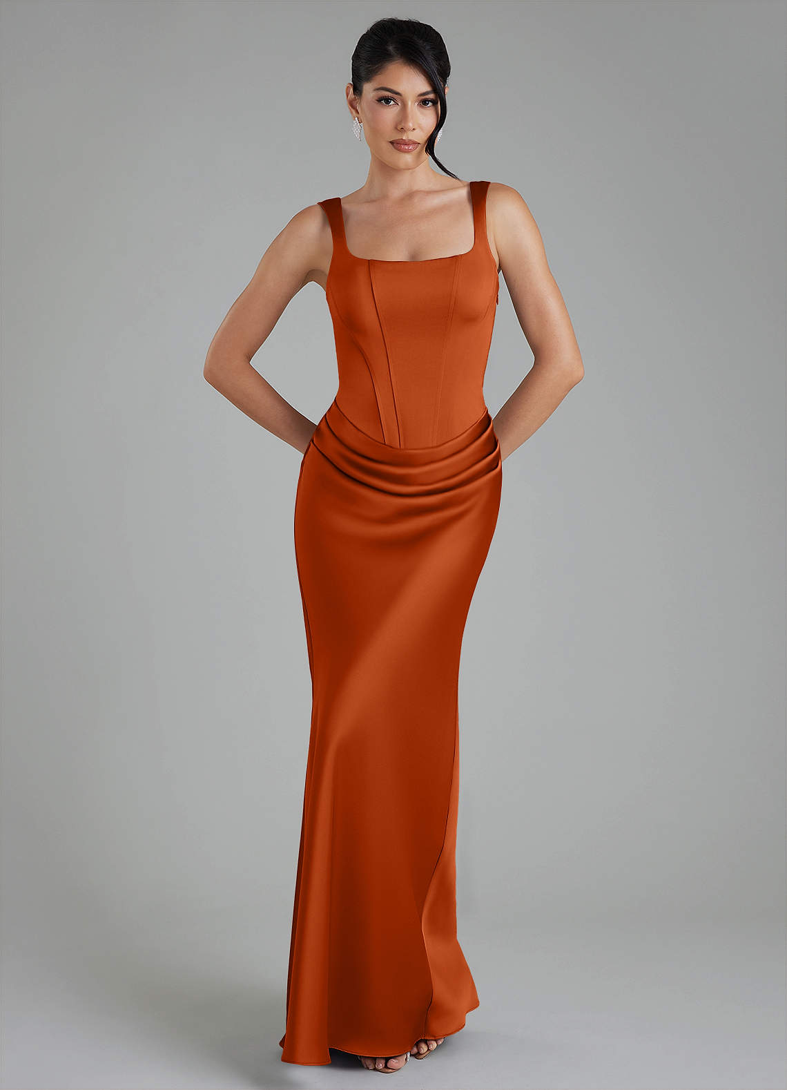 Etta Mermaid Square-Neck Stretch Satin Bridesmaid Dress in Burnt Orange