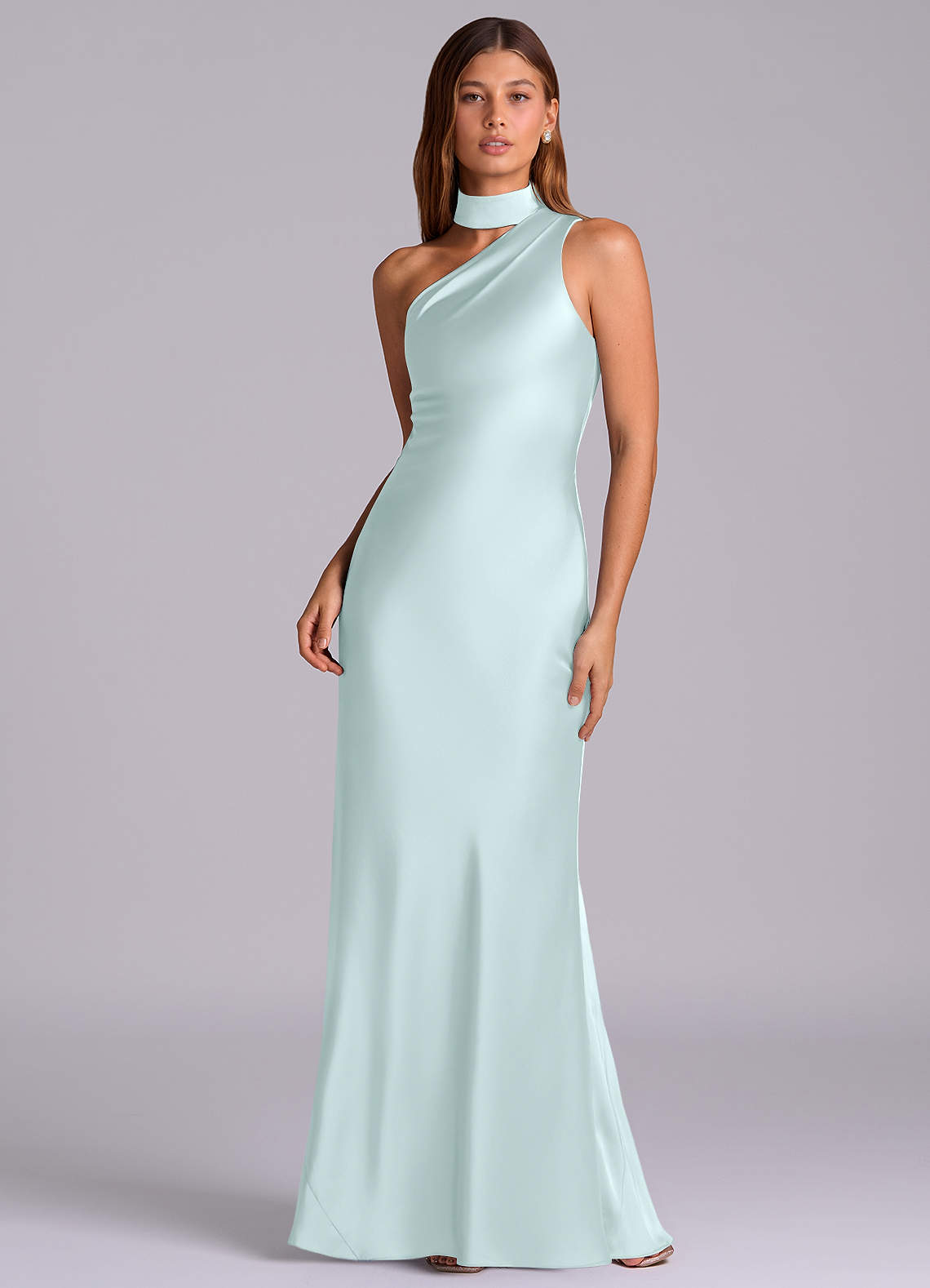 Seona Mermaid One-Shoulder Stretch Satin and Tulle Bridesmaid Dress in Sea Glass