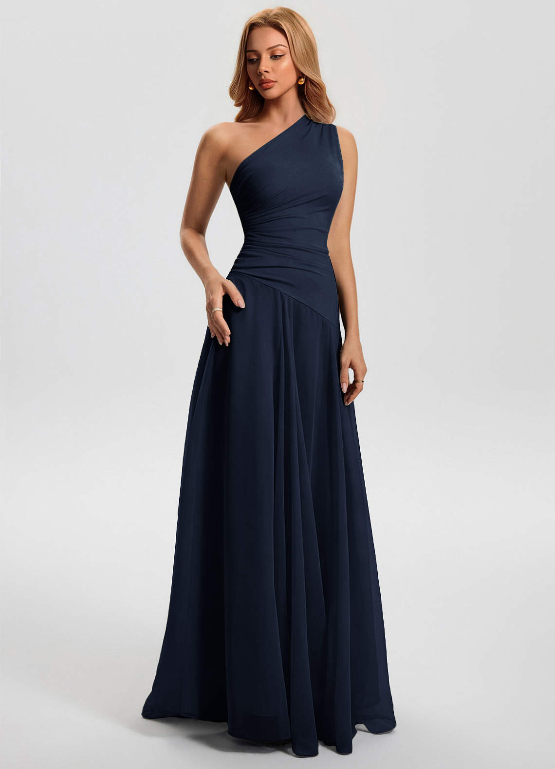 Sylvaine A-Line One-Shoulder Chiffon Wedding Guest Dress in Navy