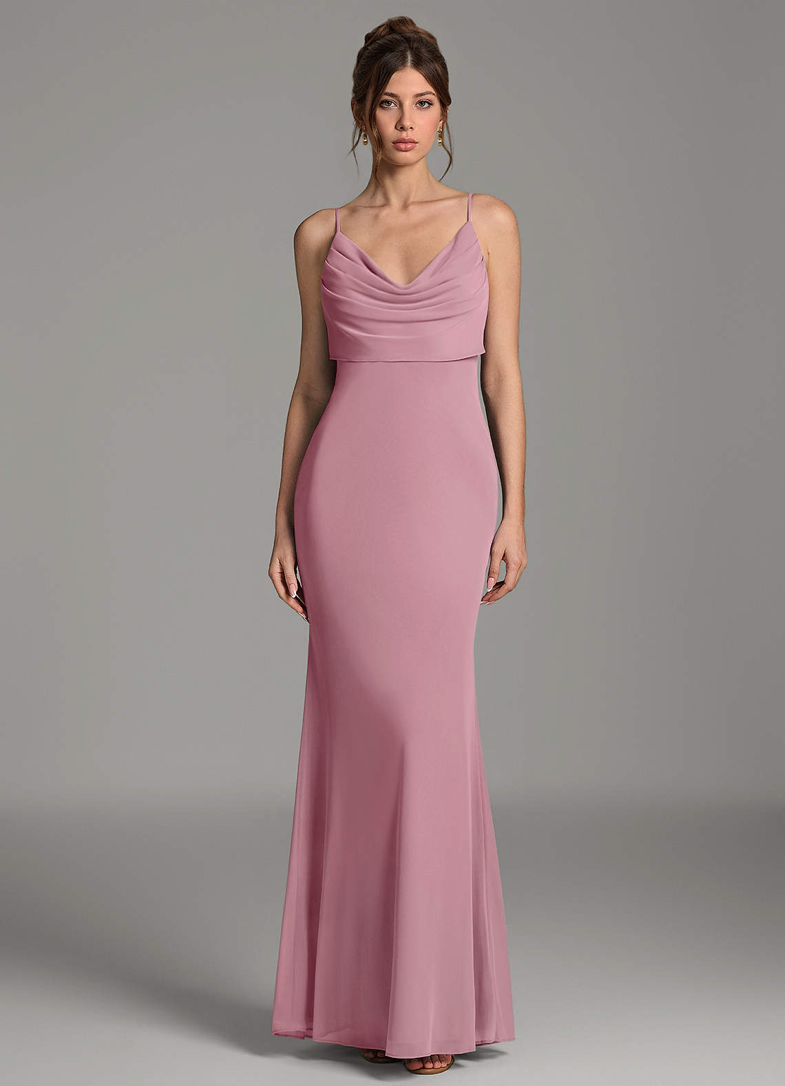 Zari Mermaid Cowl-Neck Mesh Bridesmaid Dress in Vintage Mauve