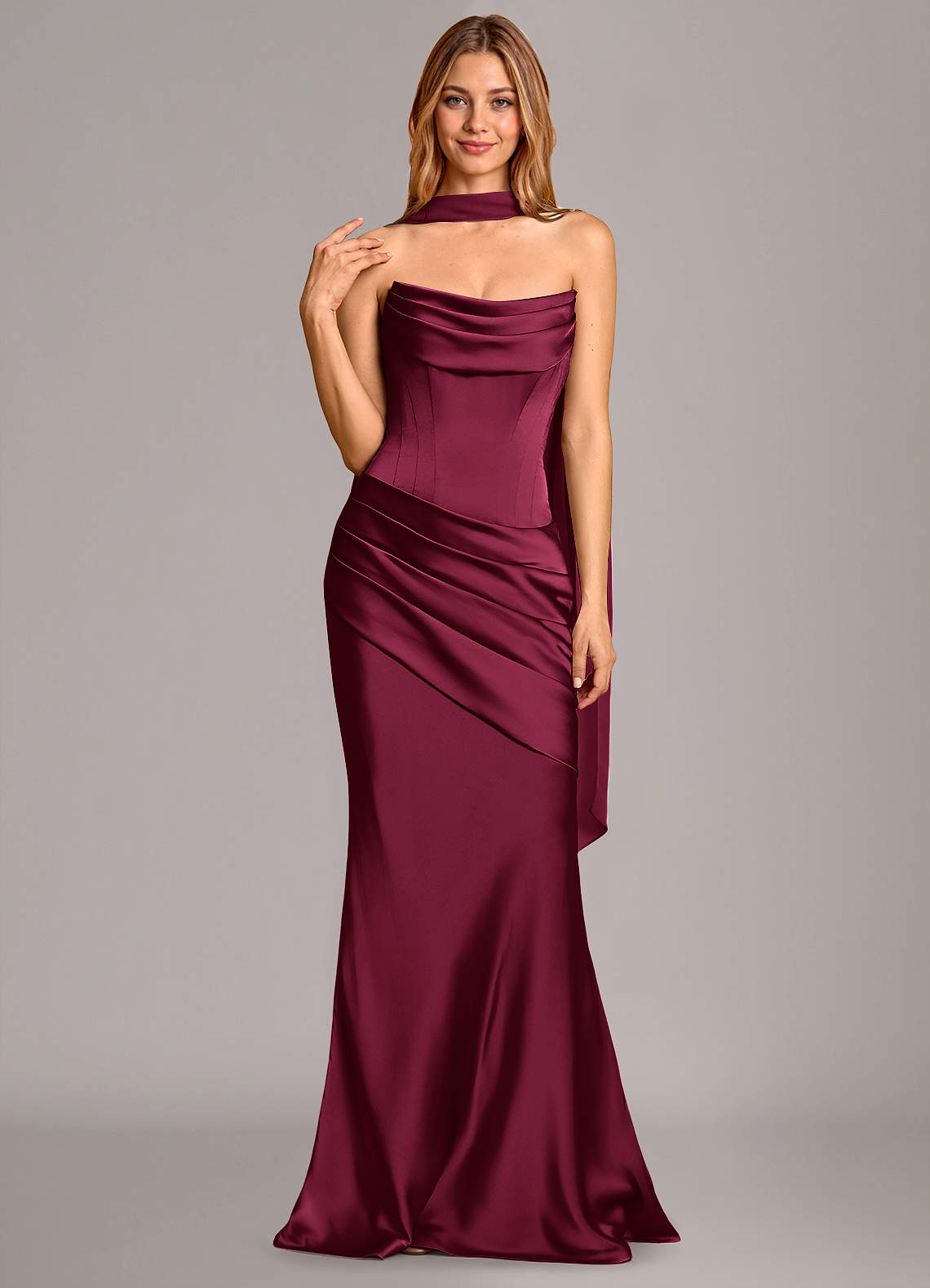 Pelagia Mermaid Cowl-Neck Stretch Satin Bridesmaid Dress in Burgundy