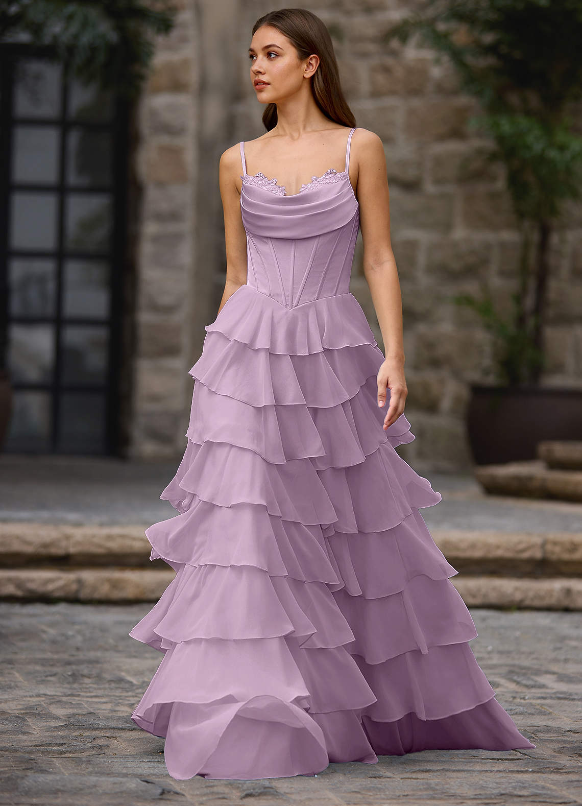 Floralace A-Line Ruffle Chiffon Evening Dress in Vanilla