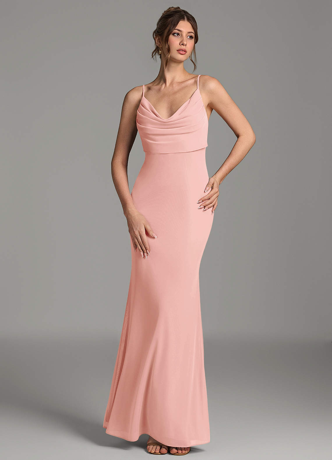 Zari Mermaid Cowl-Neck Mesh Bridesmaid Dress in Rosette