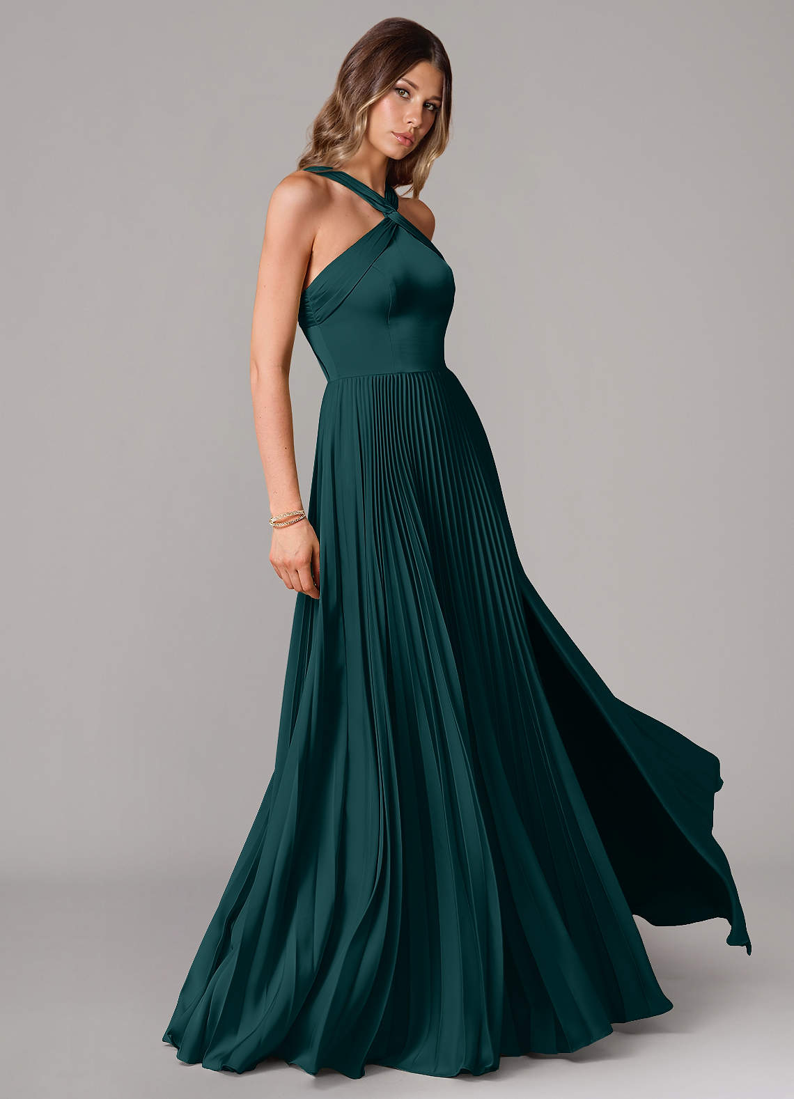 Afra A-Line Halter-Neck Stretch Satin Bridesmaid Dress in Pine