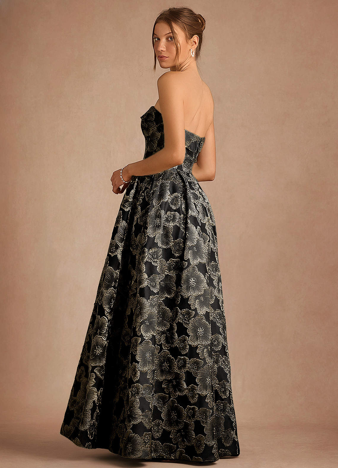 Florentine A-Line Bandeau Jacquard Taffeta Evening Dress in Black