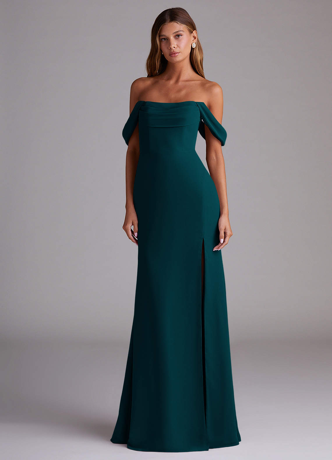 Saige A-Line Off-the-Shoulder Chiffon Bridesmaid Dress in Pine