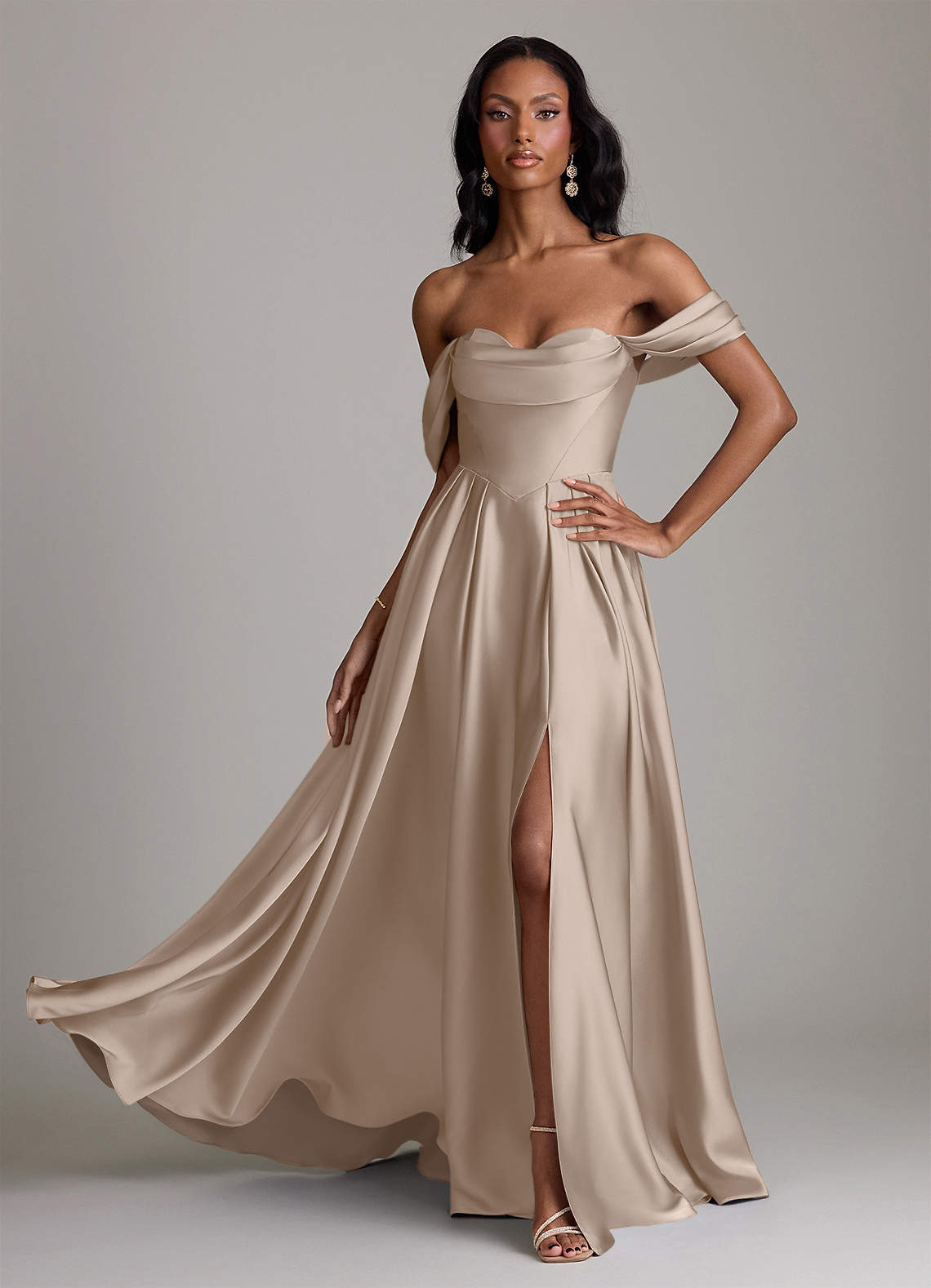 Loisa A-Line Off-the-Shoulder Stretch Satin Bridesmaid Dress in Taupe