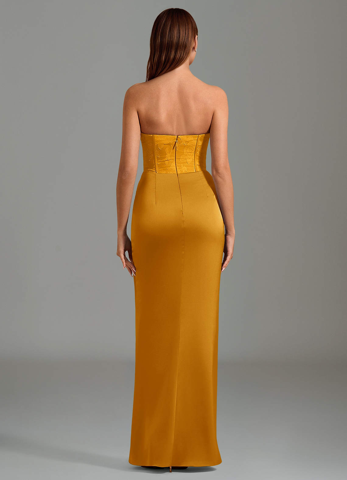 Emilia Mermaid Strapless Stretch Satin and Floral Burnout Bridesmaid Dress in butterscotch