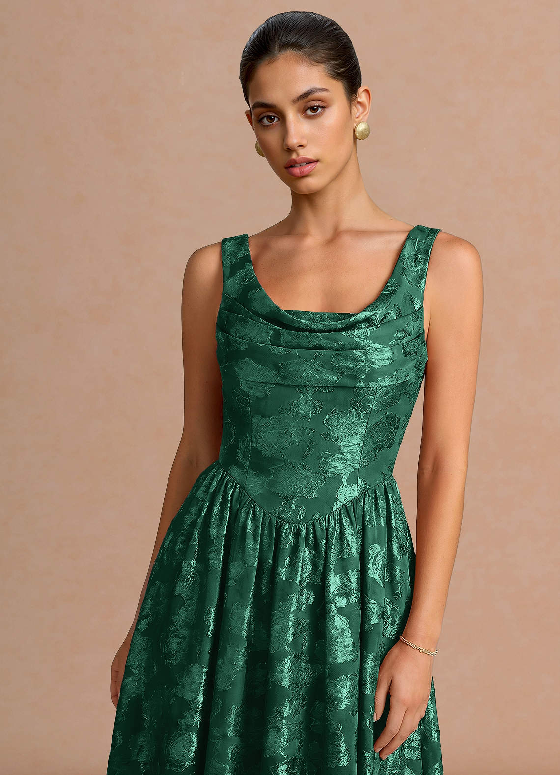 Novi A-Line Draped-Neck Floral Fil Coupé Evening Dress in Hunter Green