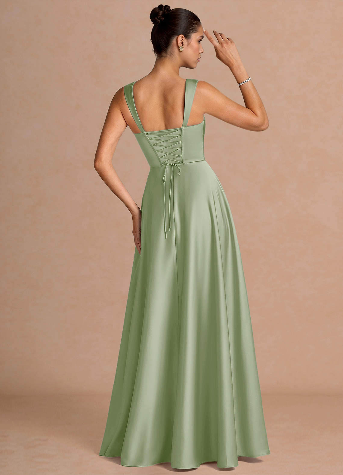 Azaria A-Line Square-Neck Stretch Satin Wedding Guest Dress in Light Green