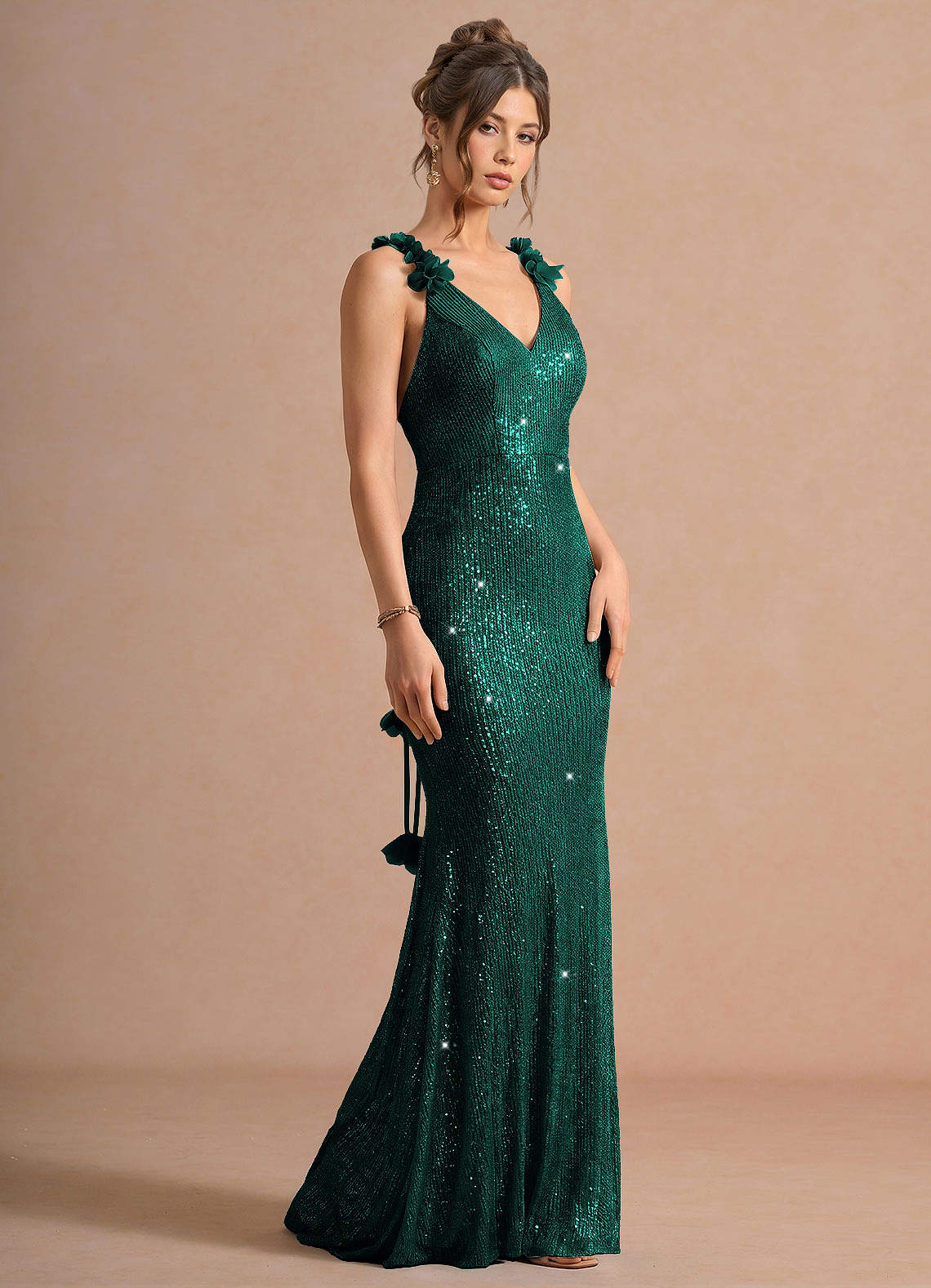 Selara Open-Back Floral Sequin Chiffon Evening Dress in Hunter Green