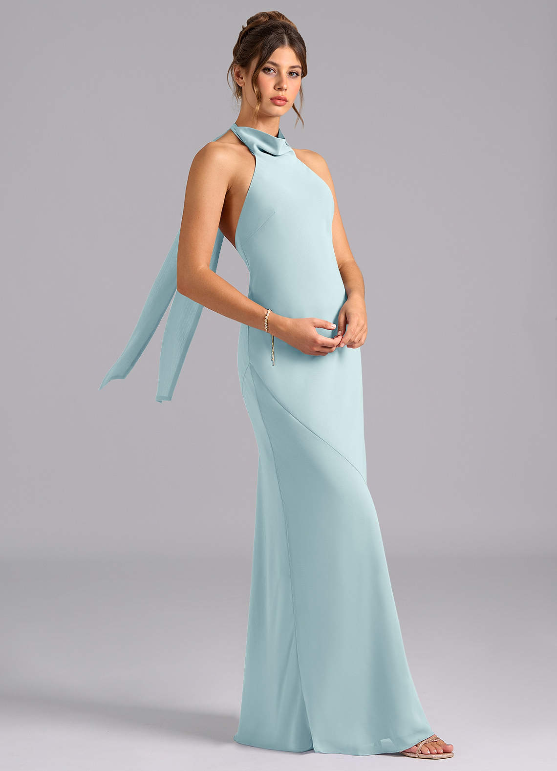 Velli Mermaid Halter Chiffon Bridesmaid Dress in Sea Glass