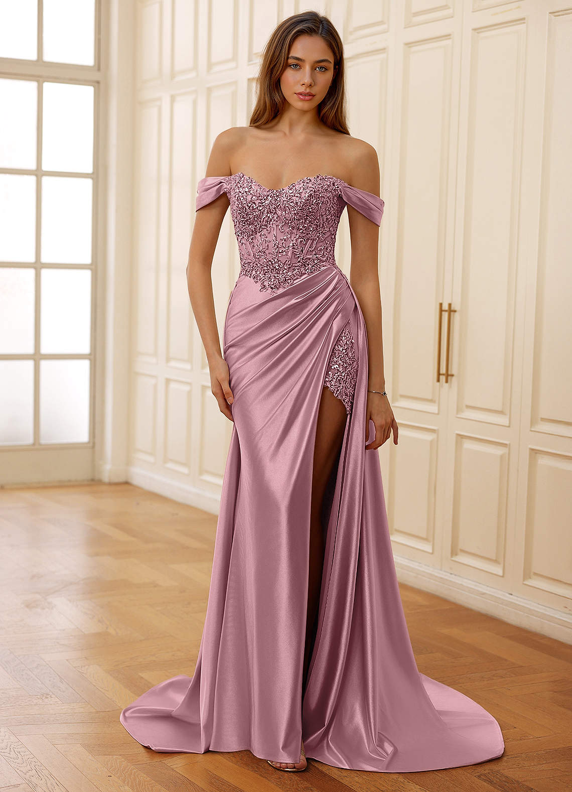Rowane A-Line Off-the-Shoulder Satin Evening Dress in Plum