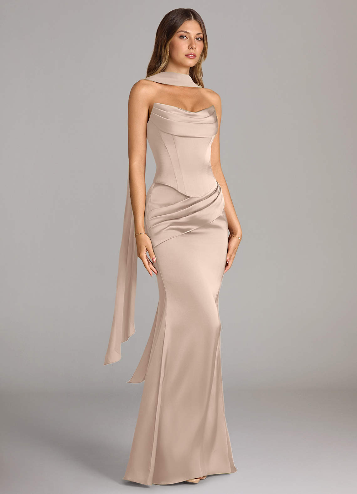 Sorrel Mermaid Cowl-Neck Stretch Satin and Chiffon Bridesmaid Dress in English Rose