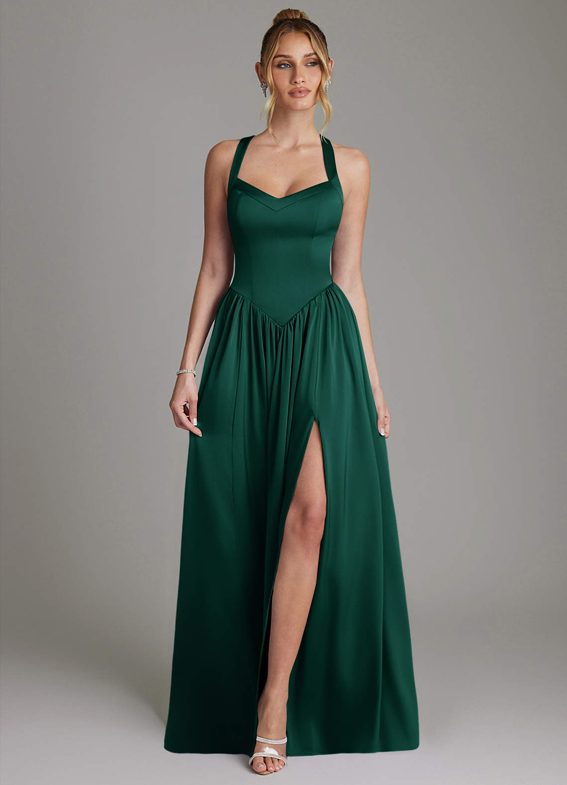 Francis A-Line V-Neck Stretch Satin Bridesmaid Dress in Emerald