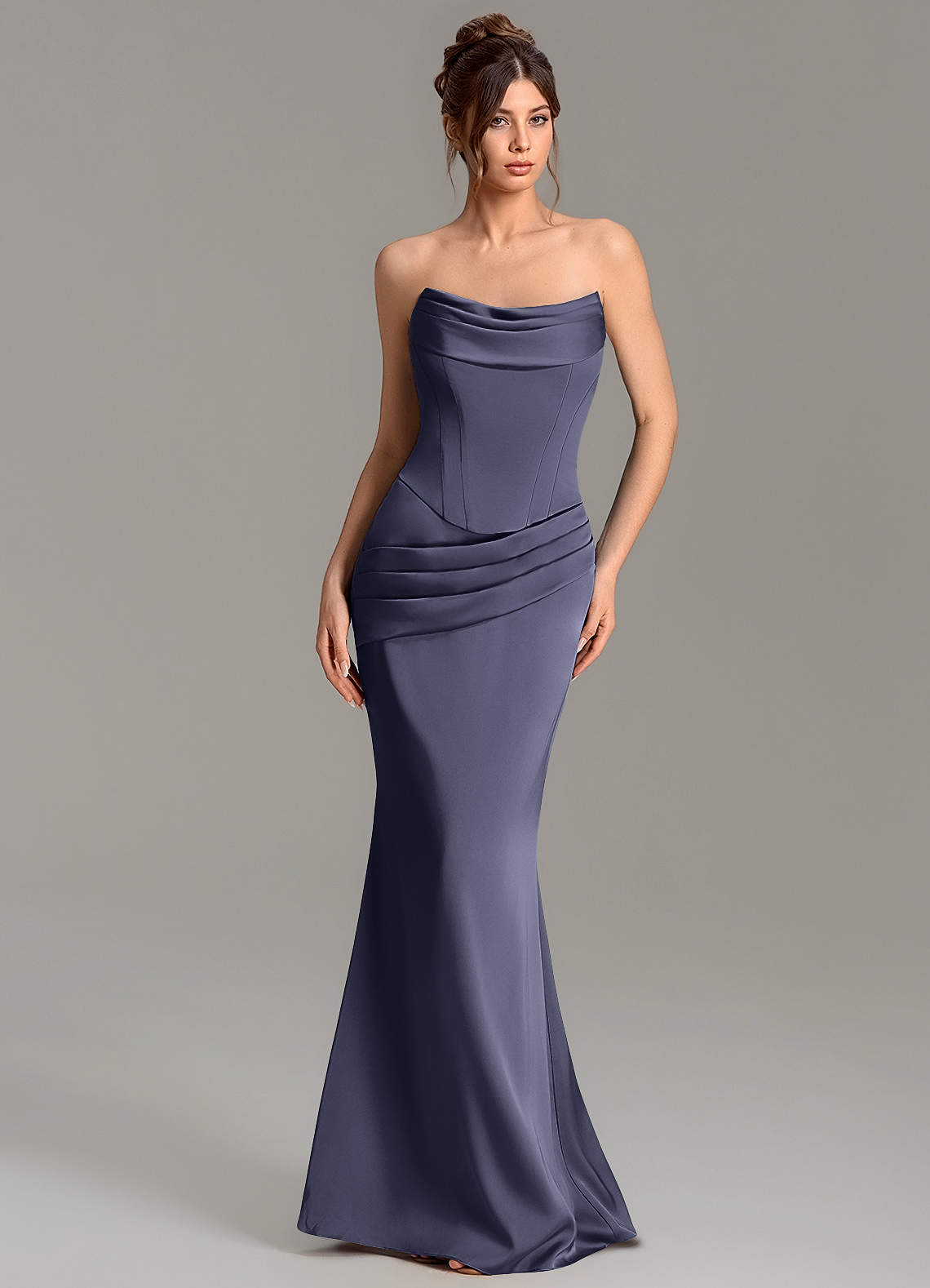 Adrienne Mermaid Cowl-Neck Stretch Satin Bridesmaid Dress in Stormy