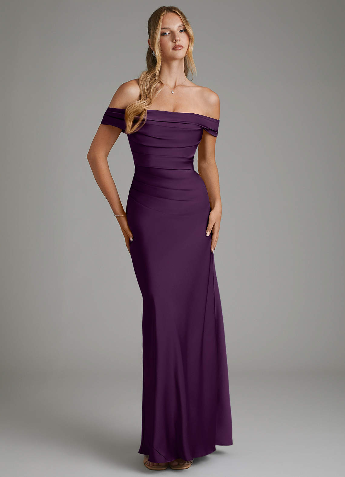 Hayden Mermaid Off-the-Shoulder Stretch Satin Bridesmaid Dress in Grape