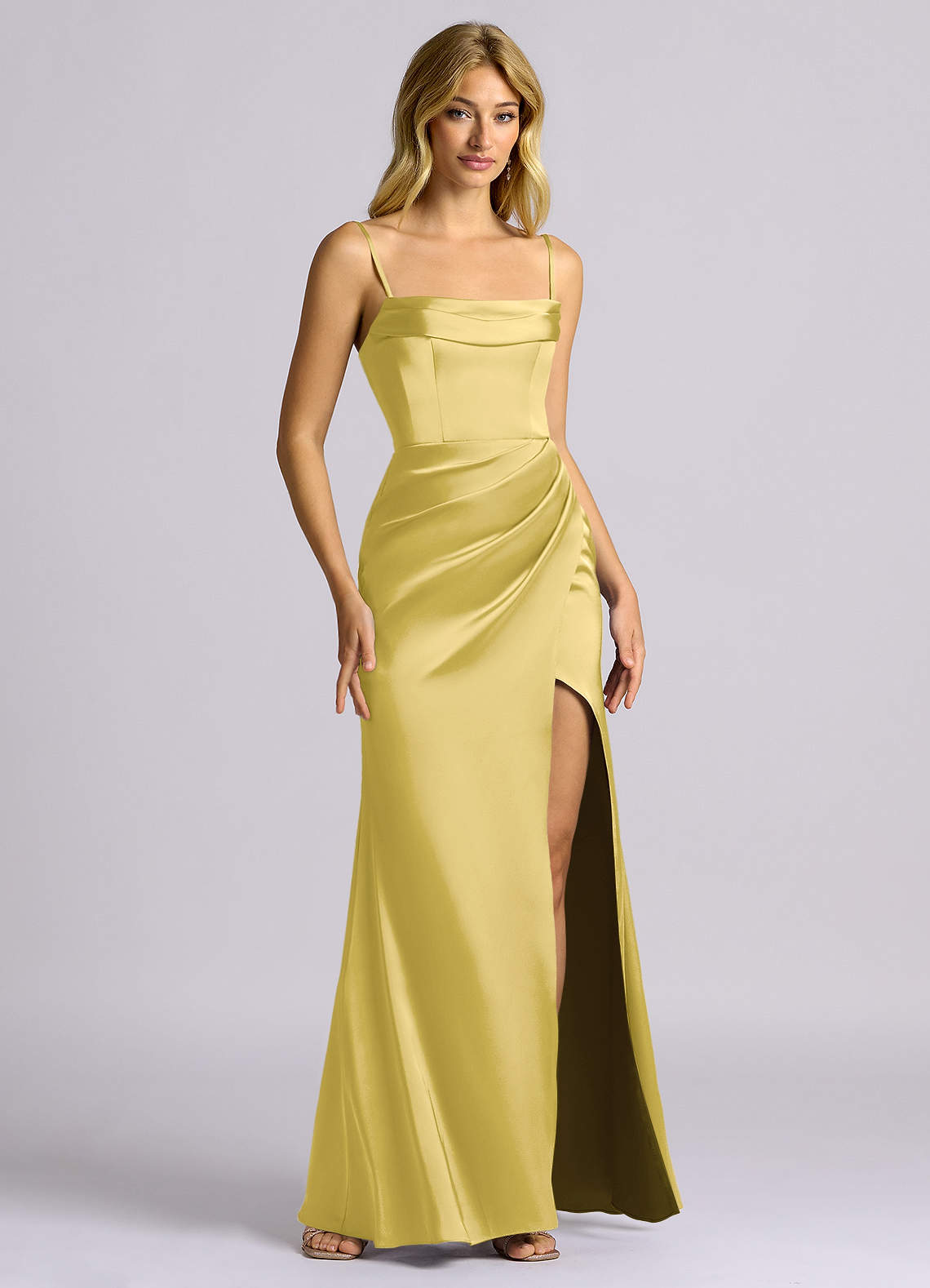 Auden Sheath Off-the-Shoulder Stretch Satin Bridesmaid Dress in Canary